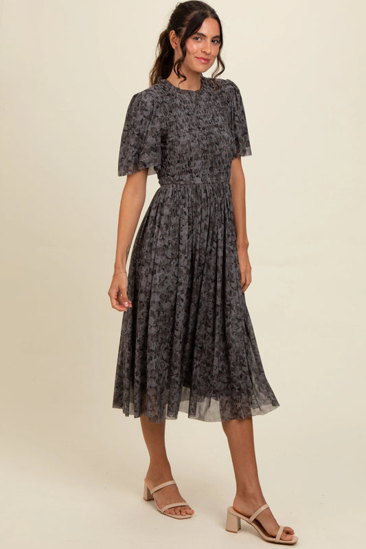 Grey Floral Smocked Midi Dress PinkBlush