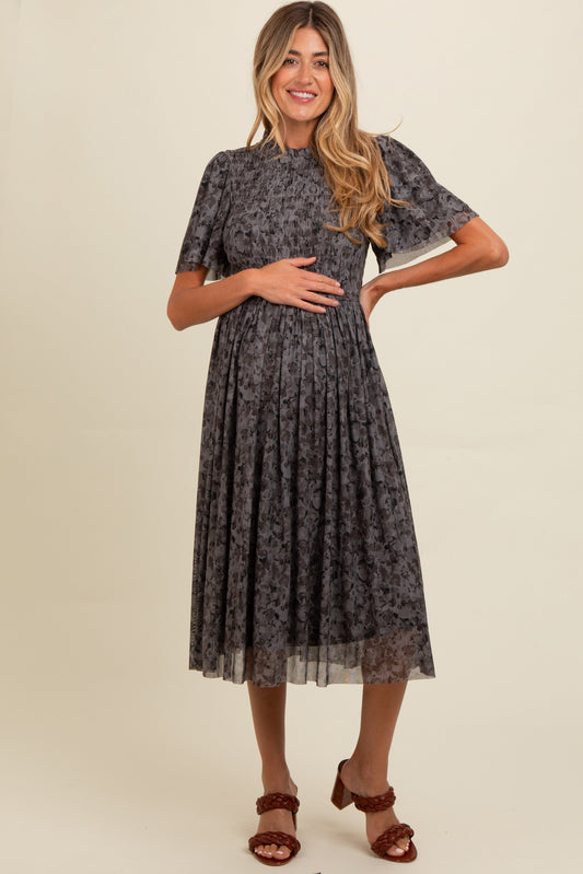 Grey Floral Smocked Maternity Midi Dress PinkBlush
