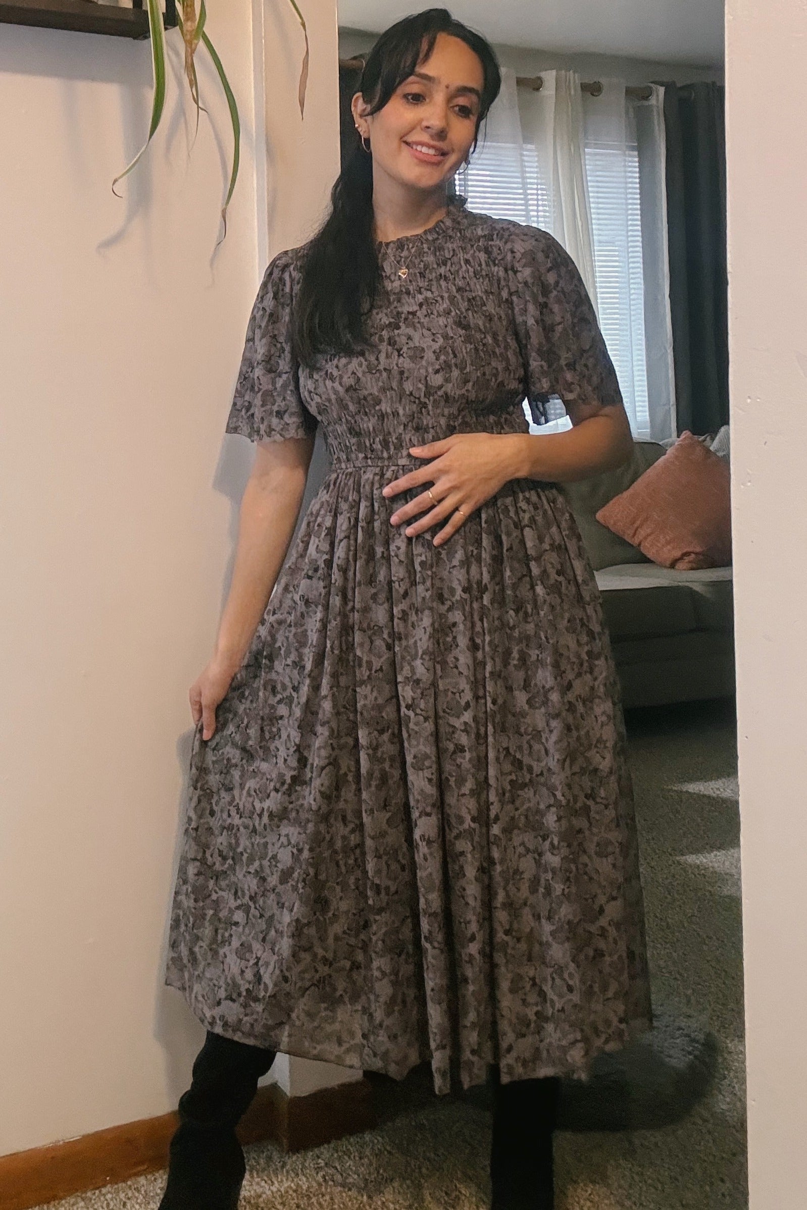 Grey Floral Smocked Maternity Midi Dress PinkBlush