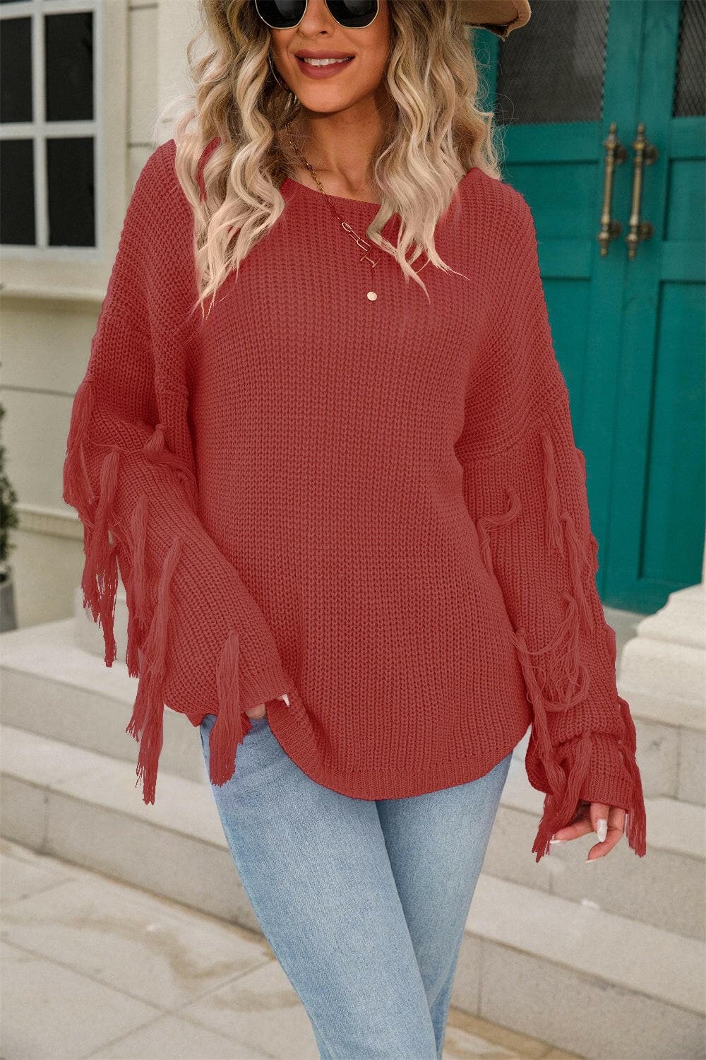 Fringe Round Neck Dropped Shoulder Sweater.