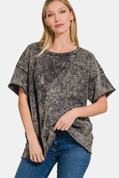 Zenana Rolled Round Neck Short Sleeve T-Shirt.