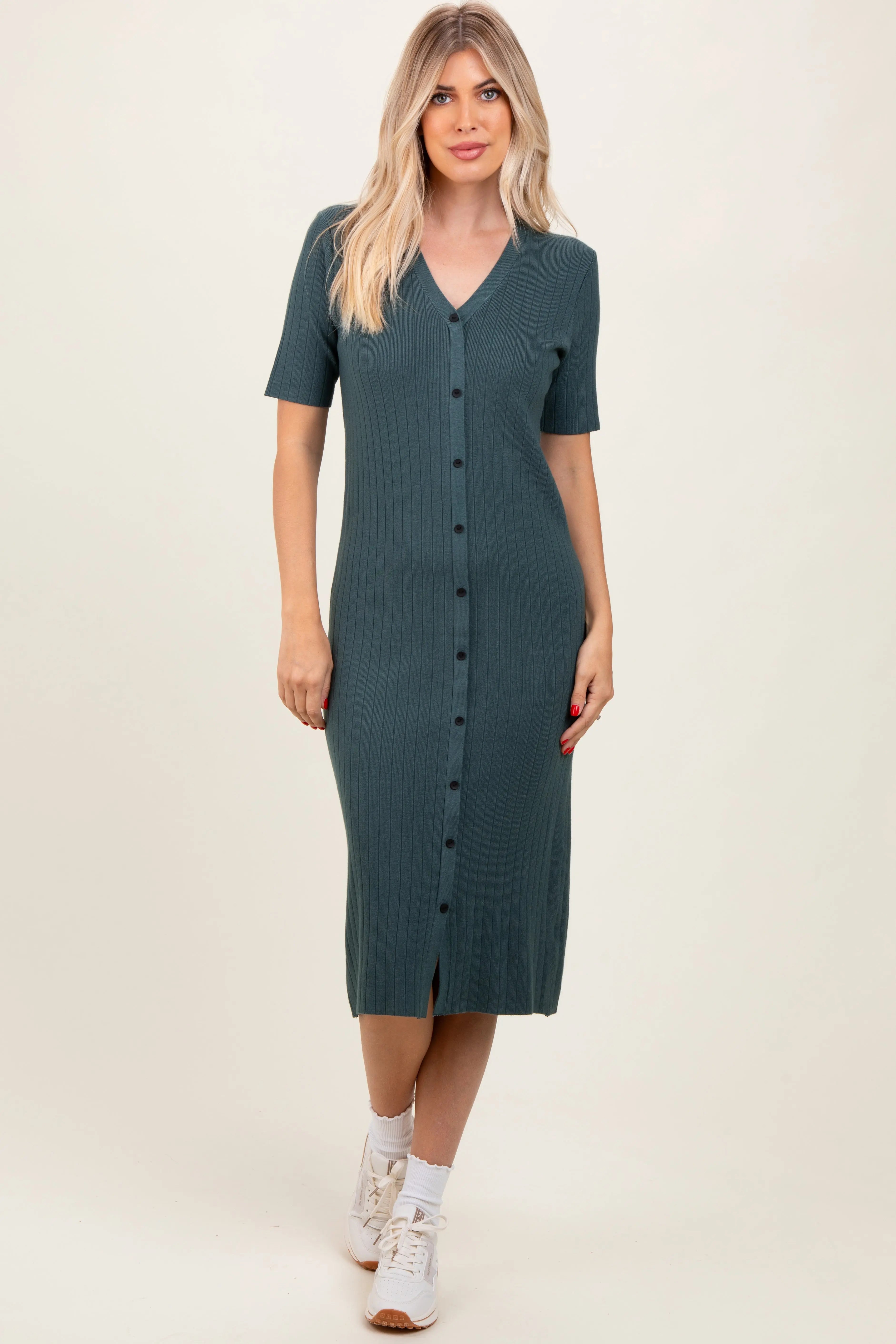 Forest Green Button Down Sweater Midi Dress PinkBlush