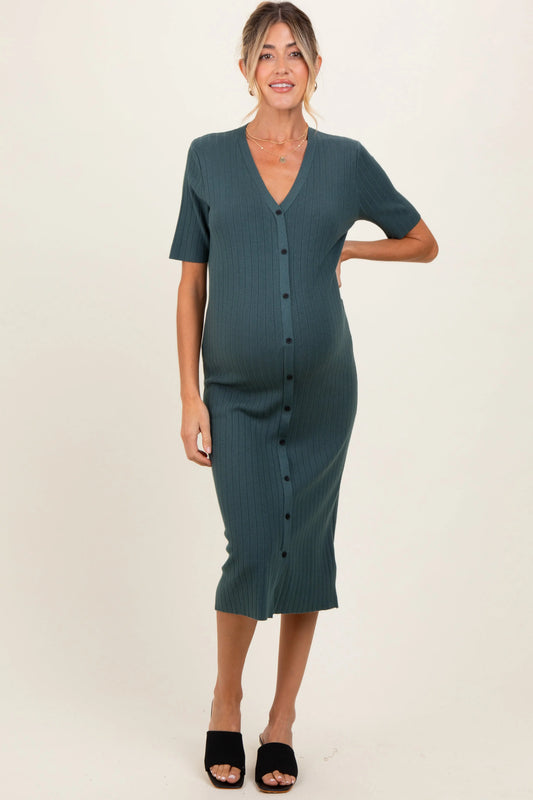 Forest Green Button Down Maternity Sweater Midi Dress PinkBlush