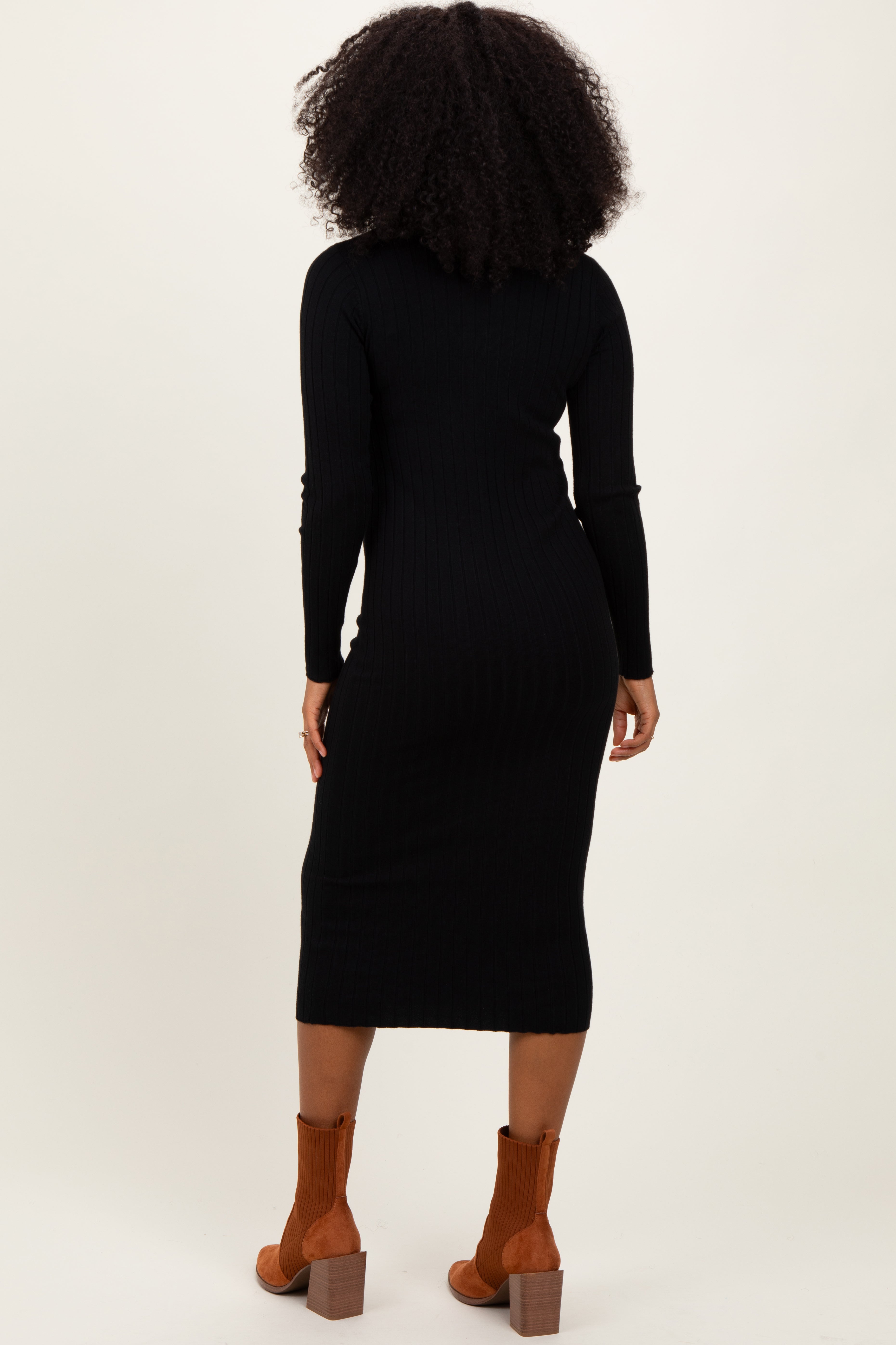 Black Mock Neck Ribbed Sweater Dress PinkBlush