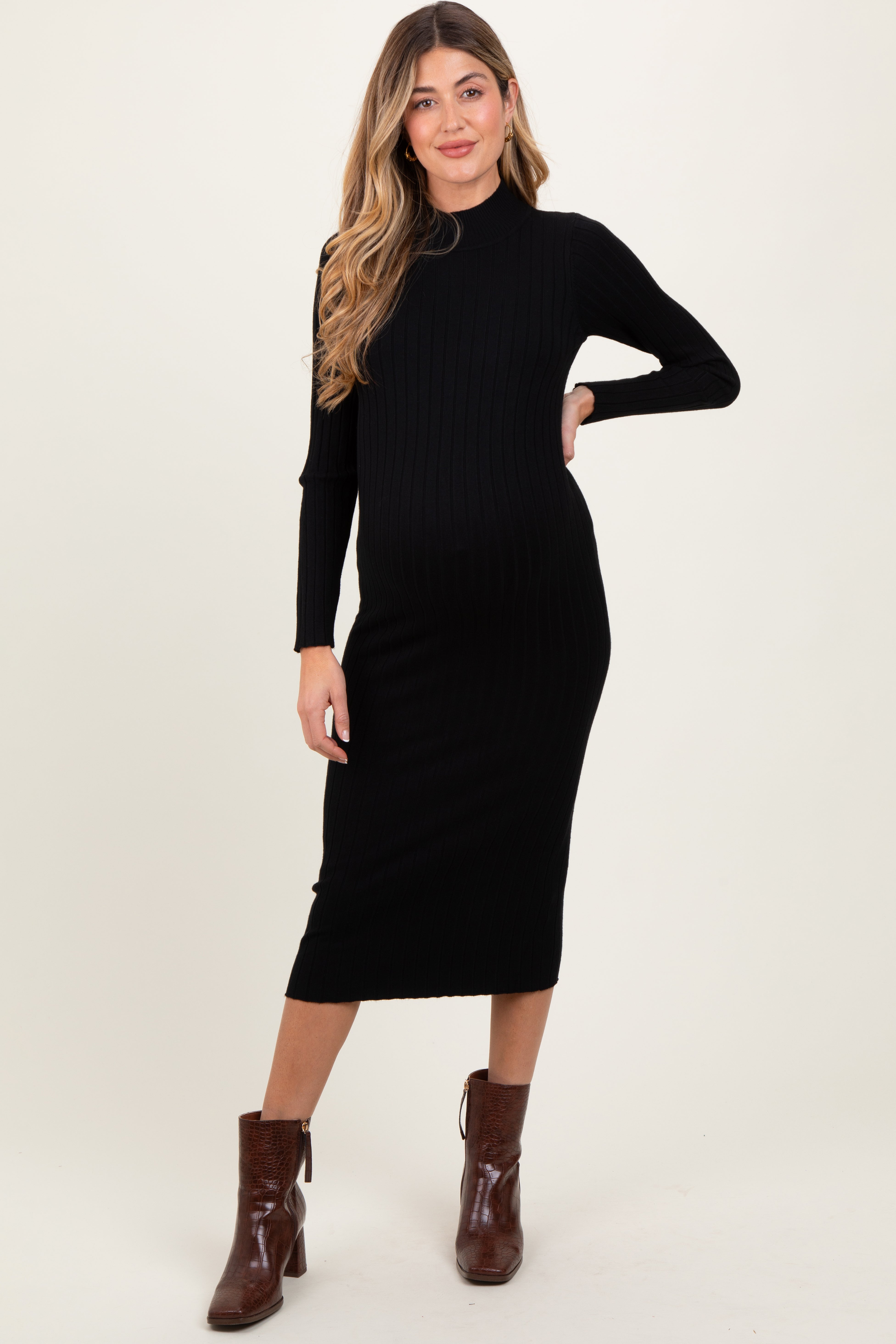 Black Mock Neck Ribbed Maternity Sweater Dress PinkBlush