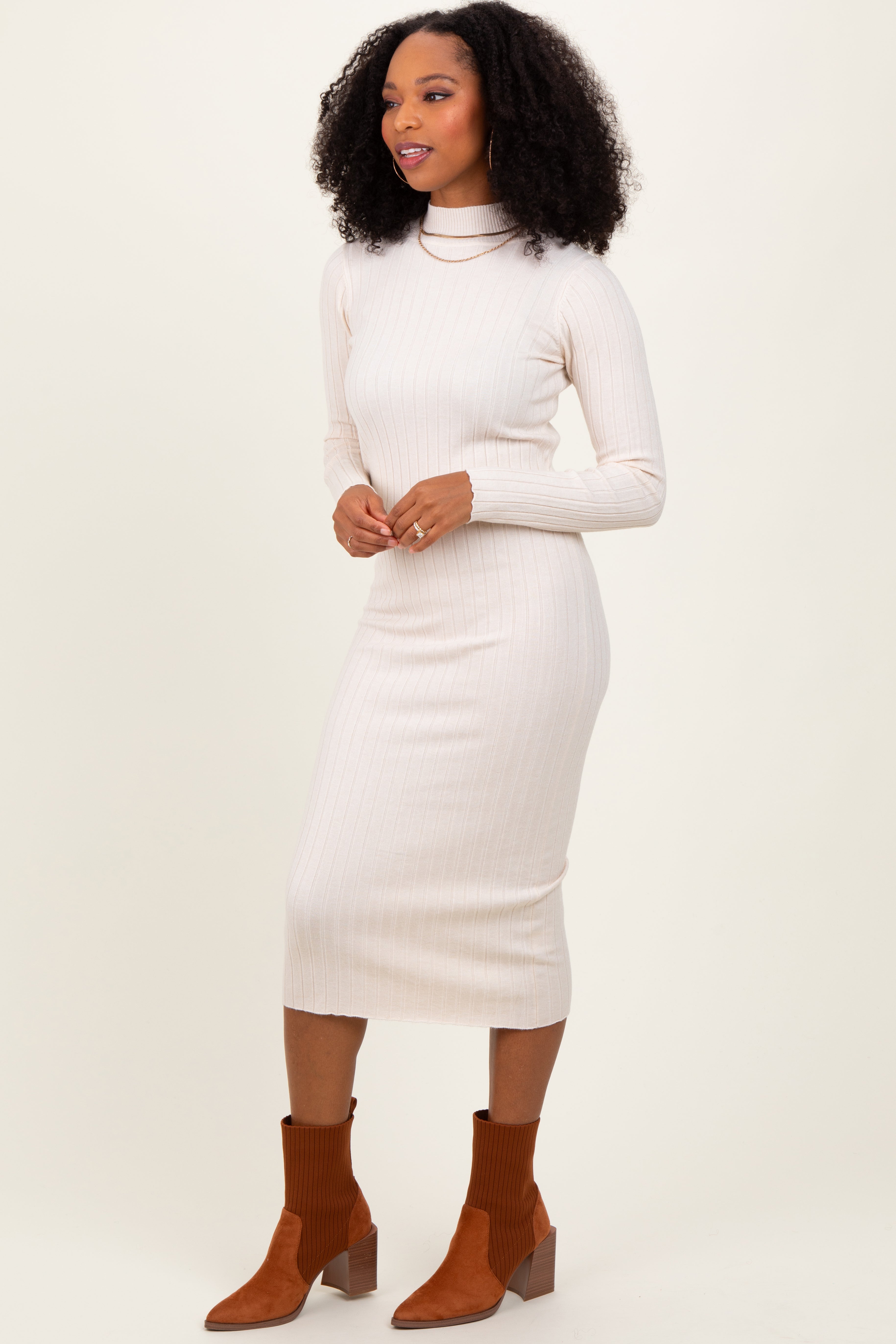 Beige Mock Neck Ribbed Sweater Dress PinkBlush
