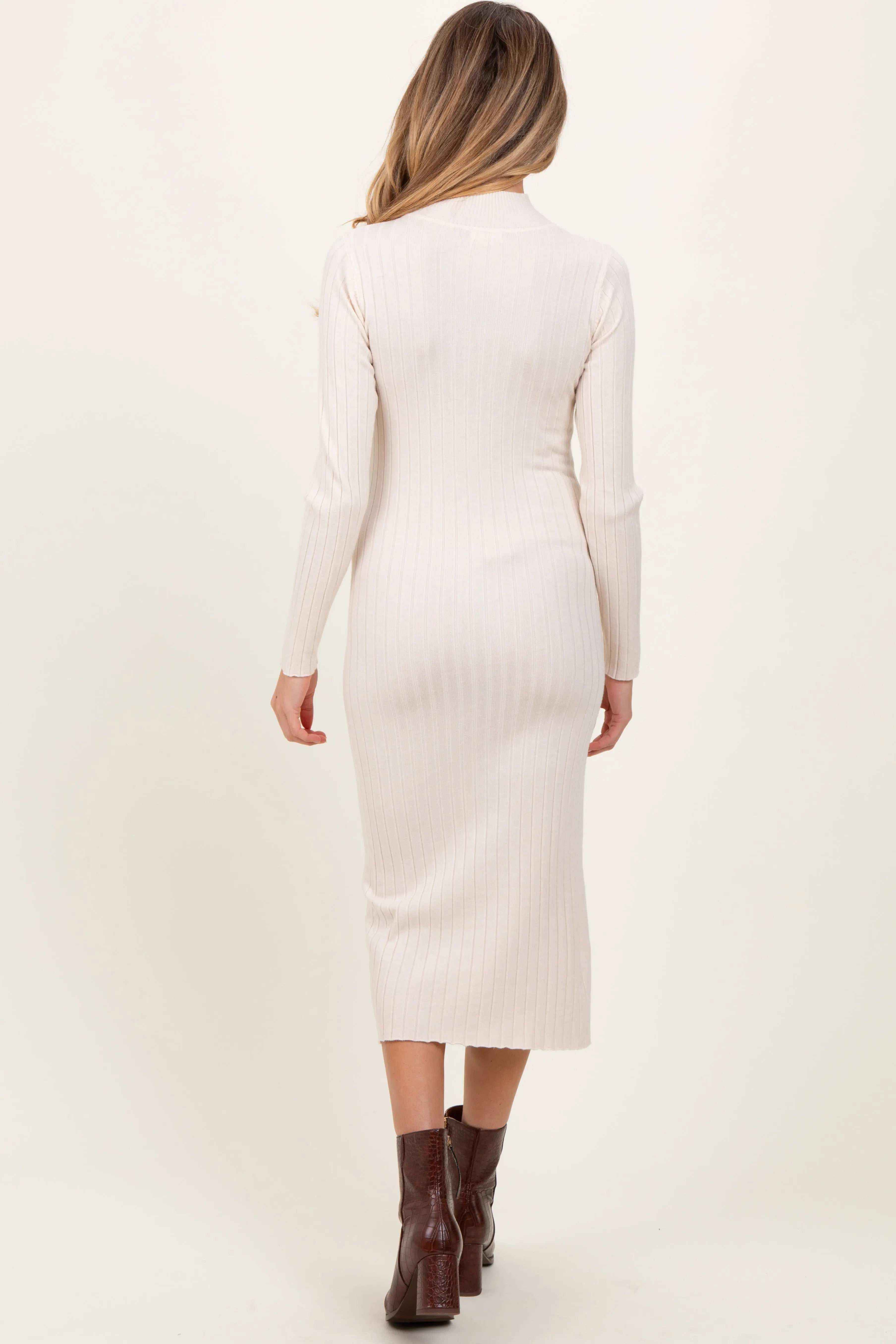 Beige Mock Neck Ribbed Maternity Sweater Dress PinkBlush
