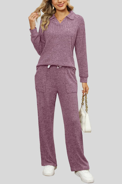 Ribbed Long Sleeve Top and Pocketed Pants Set.