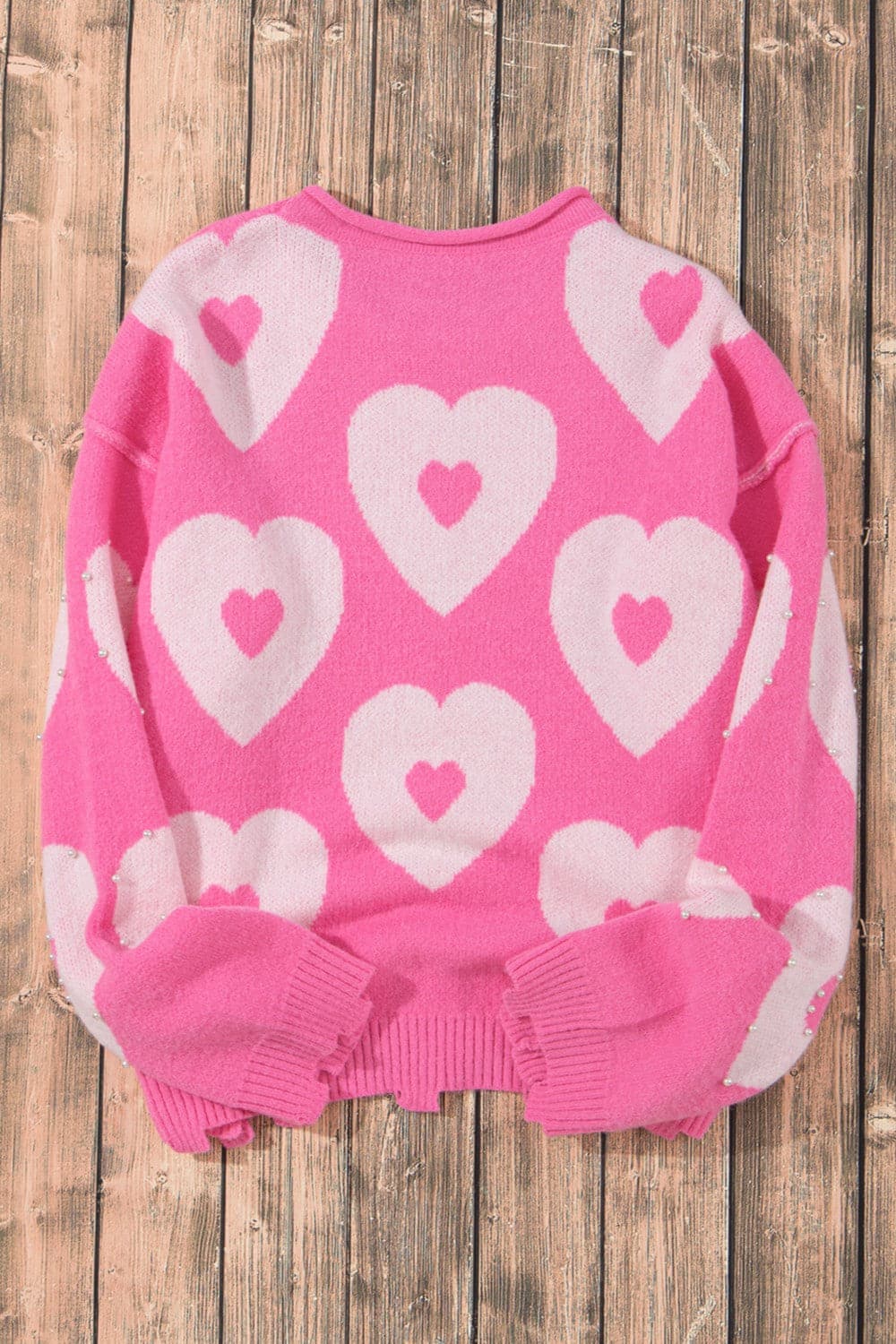 Pearl Detail Heart Round Neck Long Sleeve Sweater.