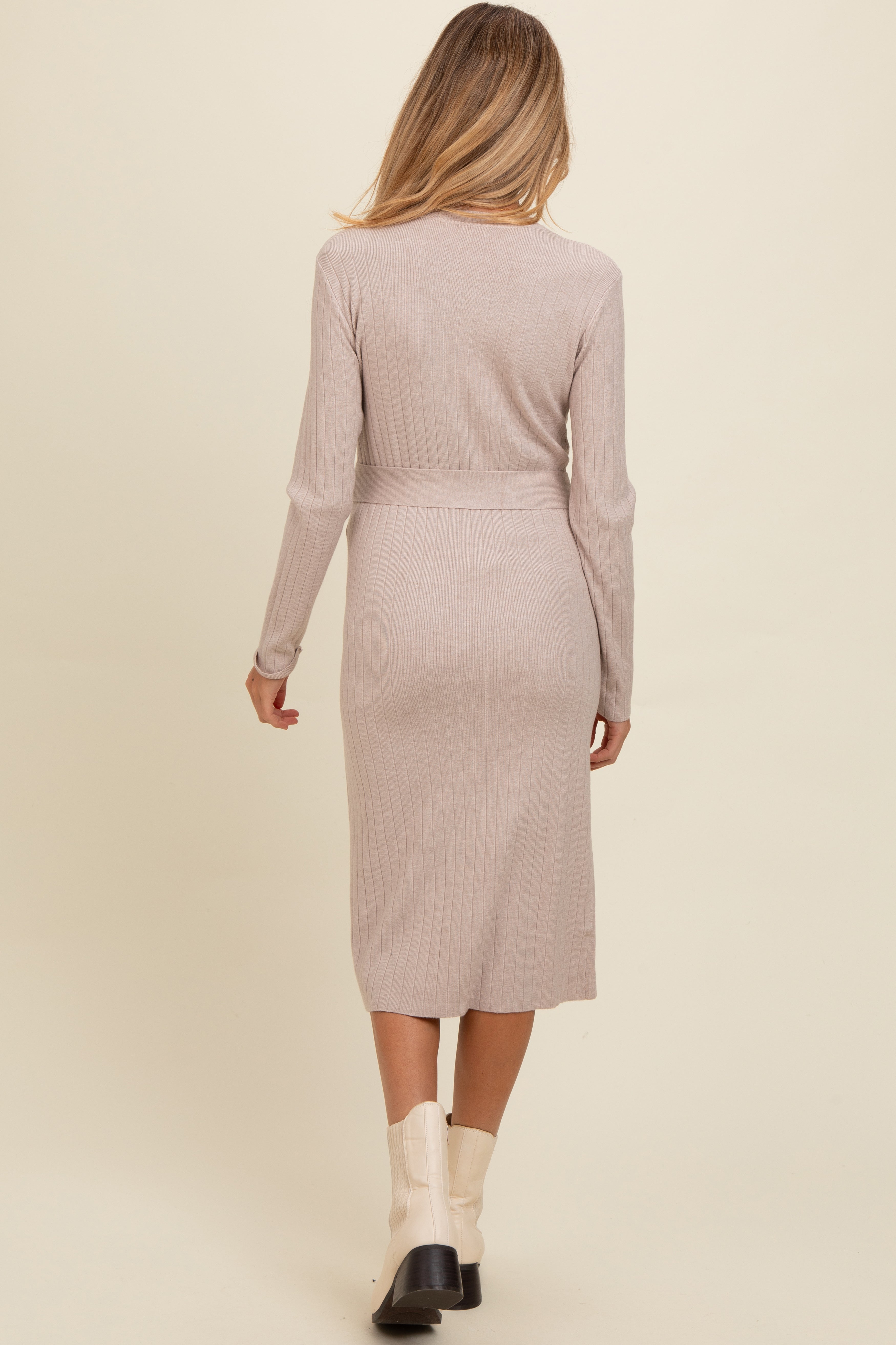 Beige Ribbed Sash Tie Maternity Midi Sweater Dress PinkBlush