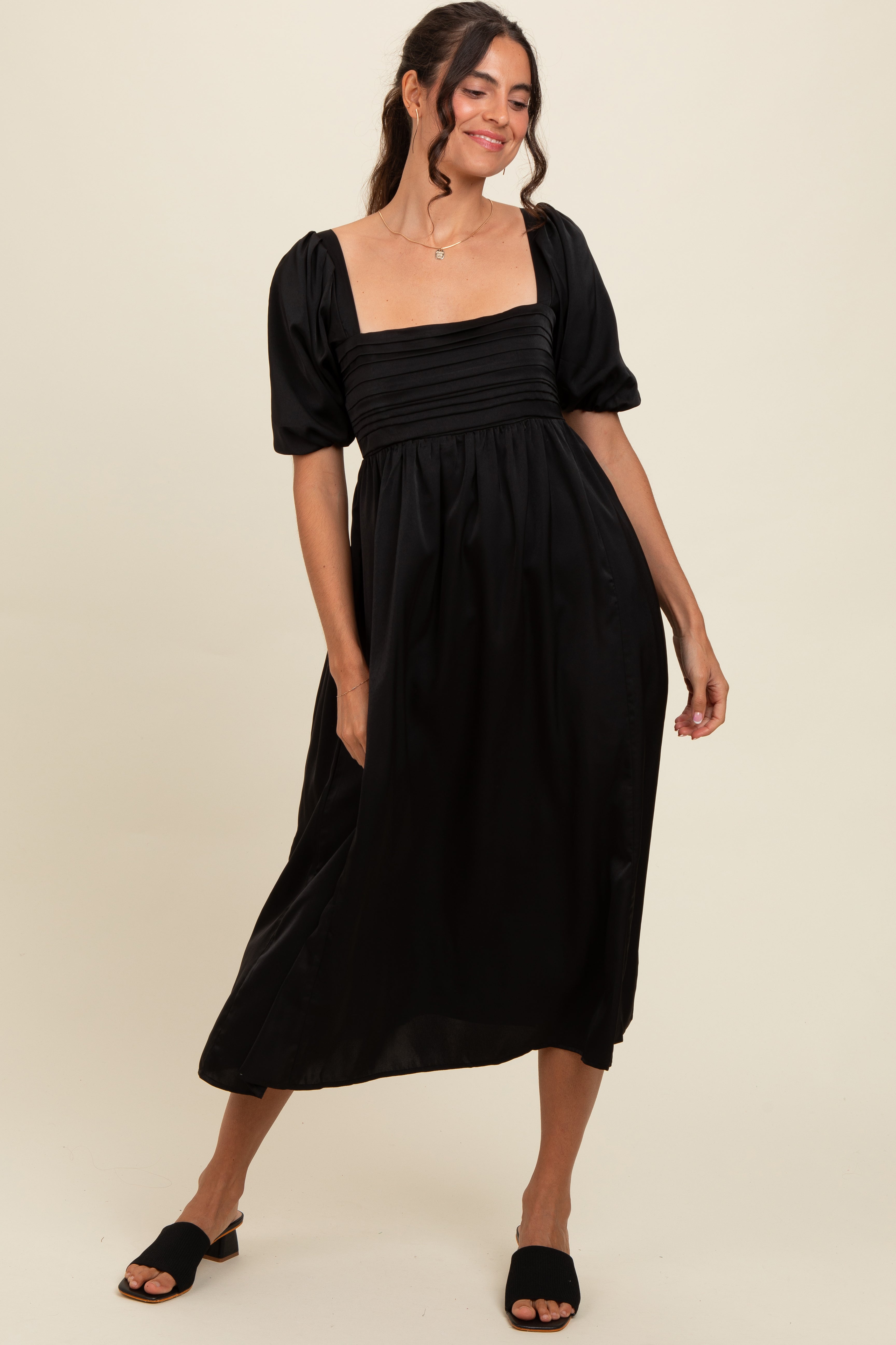 Black Satin Pleated Bodice Puff Sleeve Maternity Midi Dress PinkBlush
