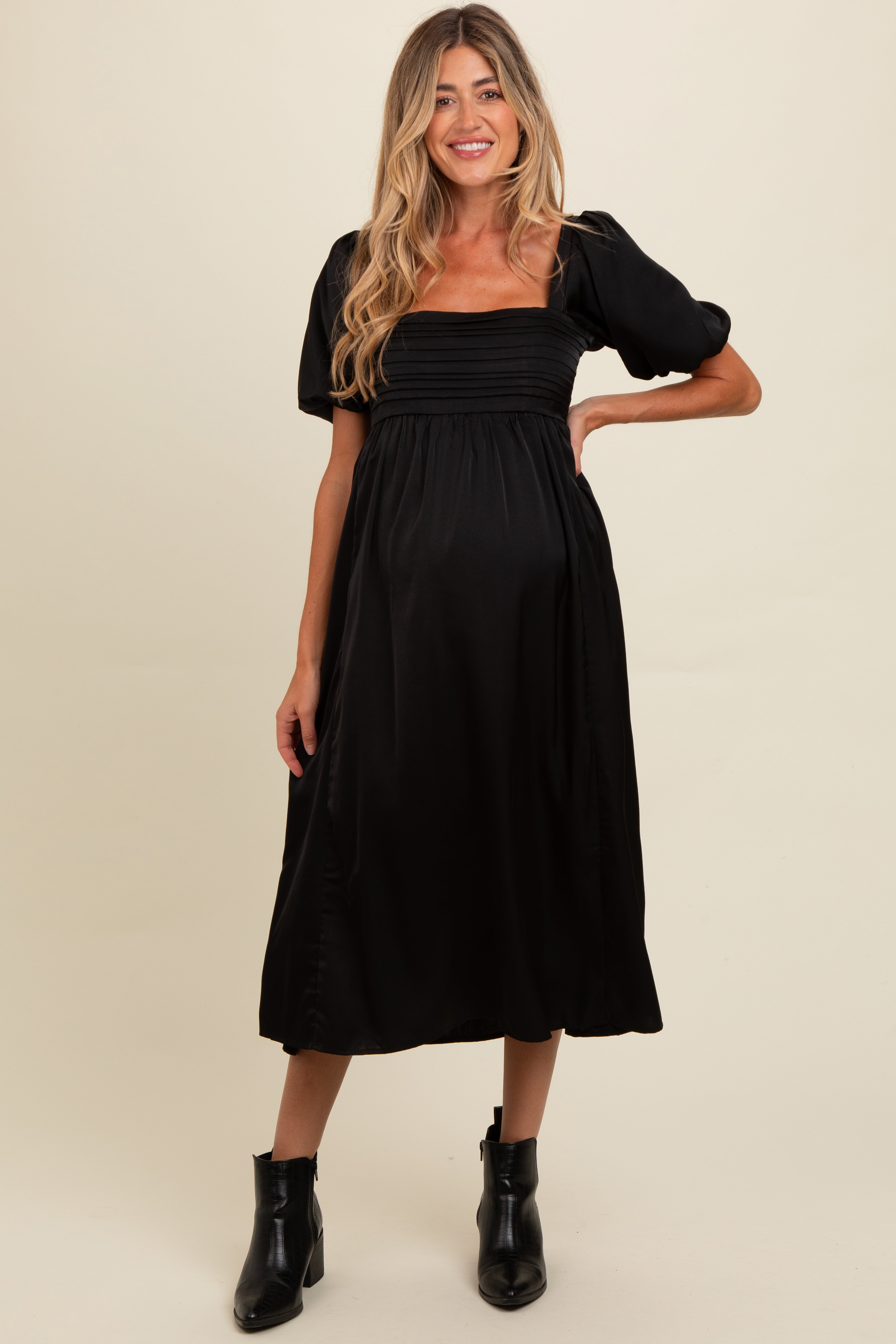 Black Satin Pleated Bodice Puff Sleeve Maternity Midi Dress PinkBlush