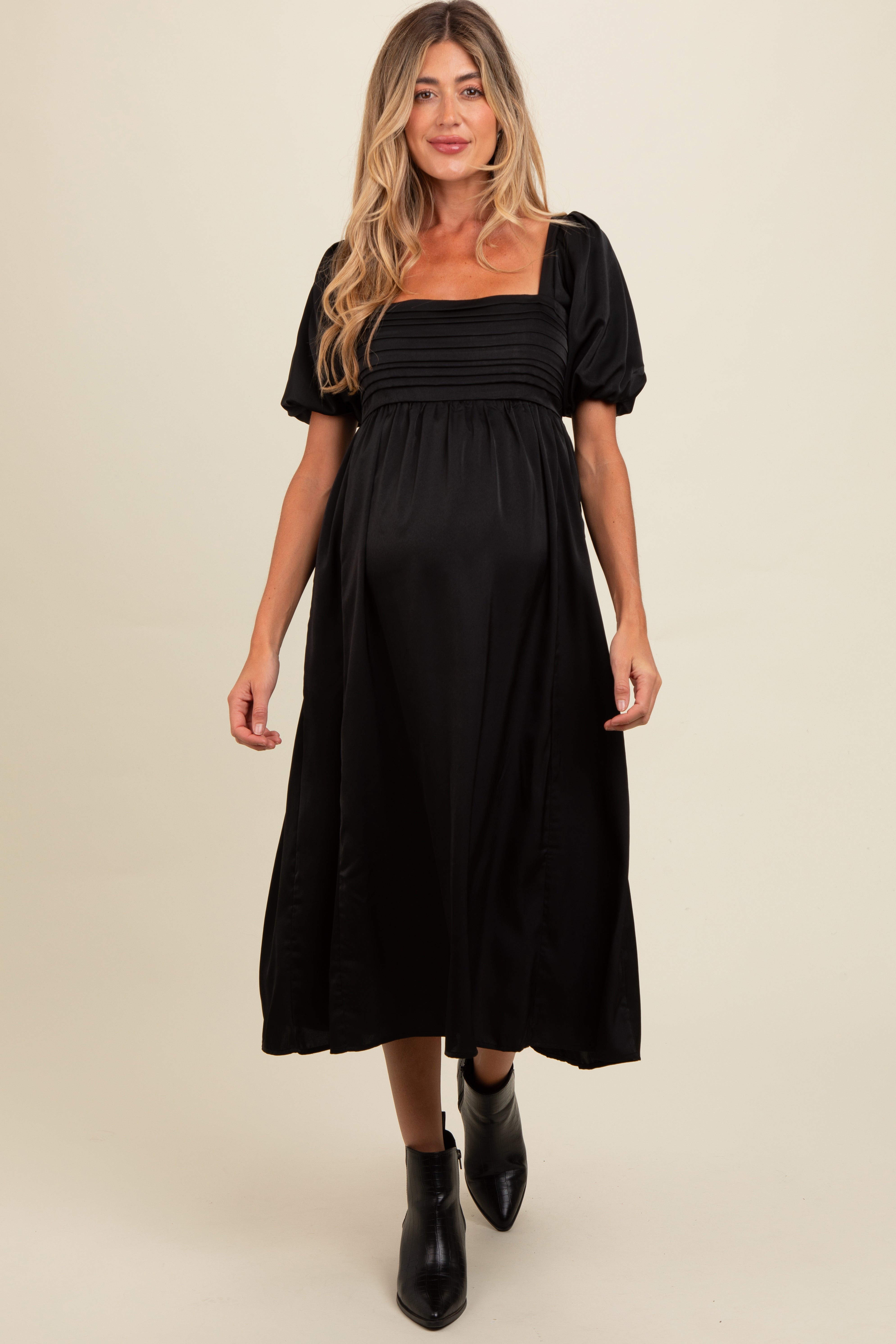 Black Satin Pleated Bodice Puff Sleeve Maternity Midi Dress PinkBlush