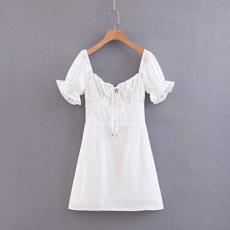 Vintage Court Sexy Tube Top Lace up Slim Fit Slimming White Puff Short Sleeve Eyelet Embroidery Dress for Women Bella Mia