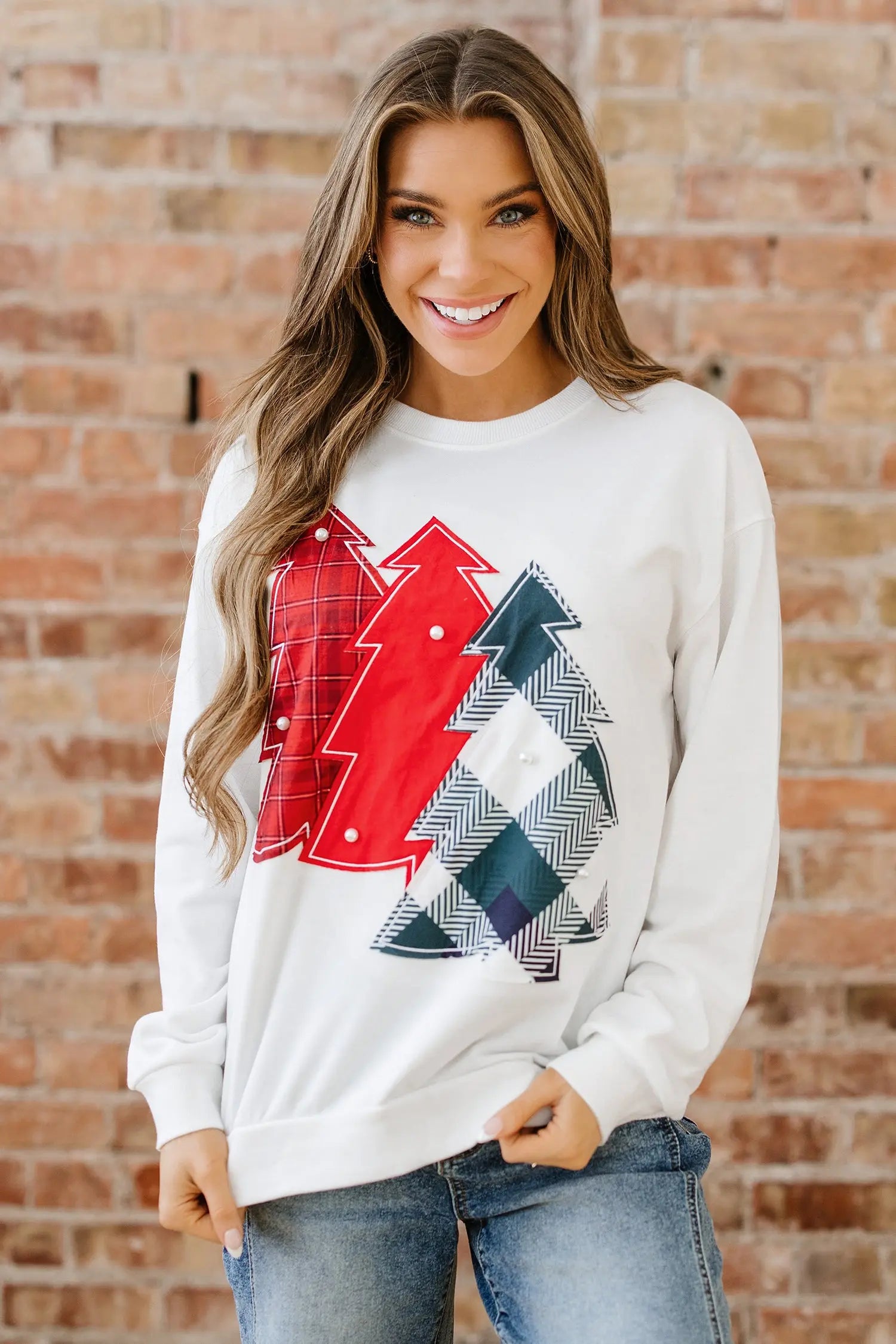 White Pearl Plaid Christmas Tree Patched Drop Shoulder Sweatshirt Dear-Lover Dropshipping