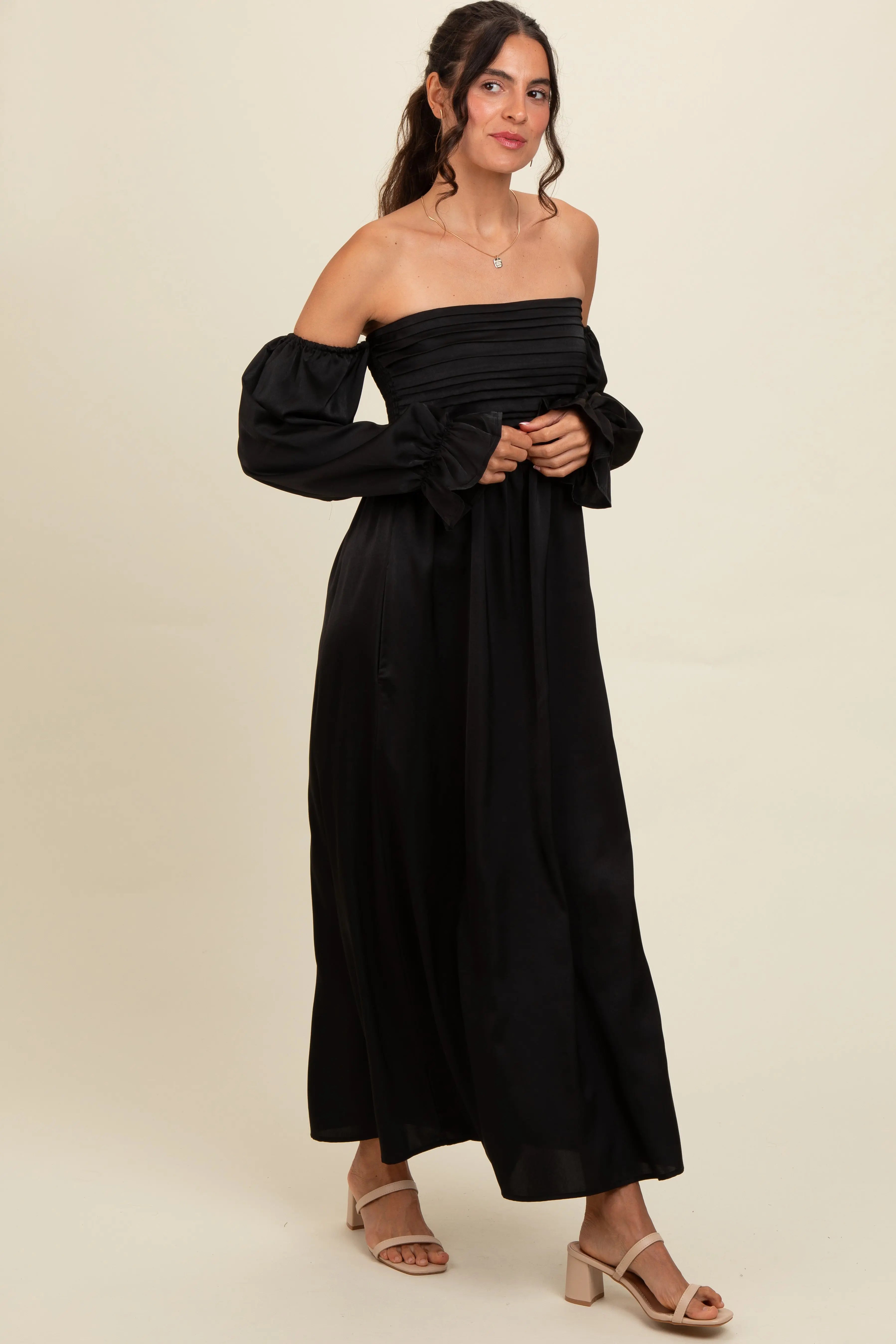 Black Off Shoulder Satin Pleated Bodice Maxi Dress PinkBlush