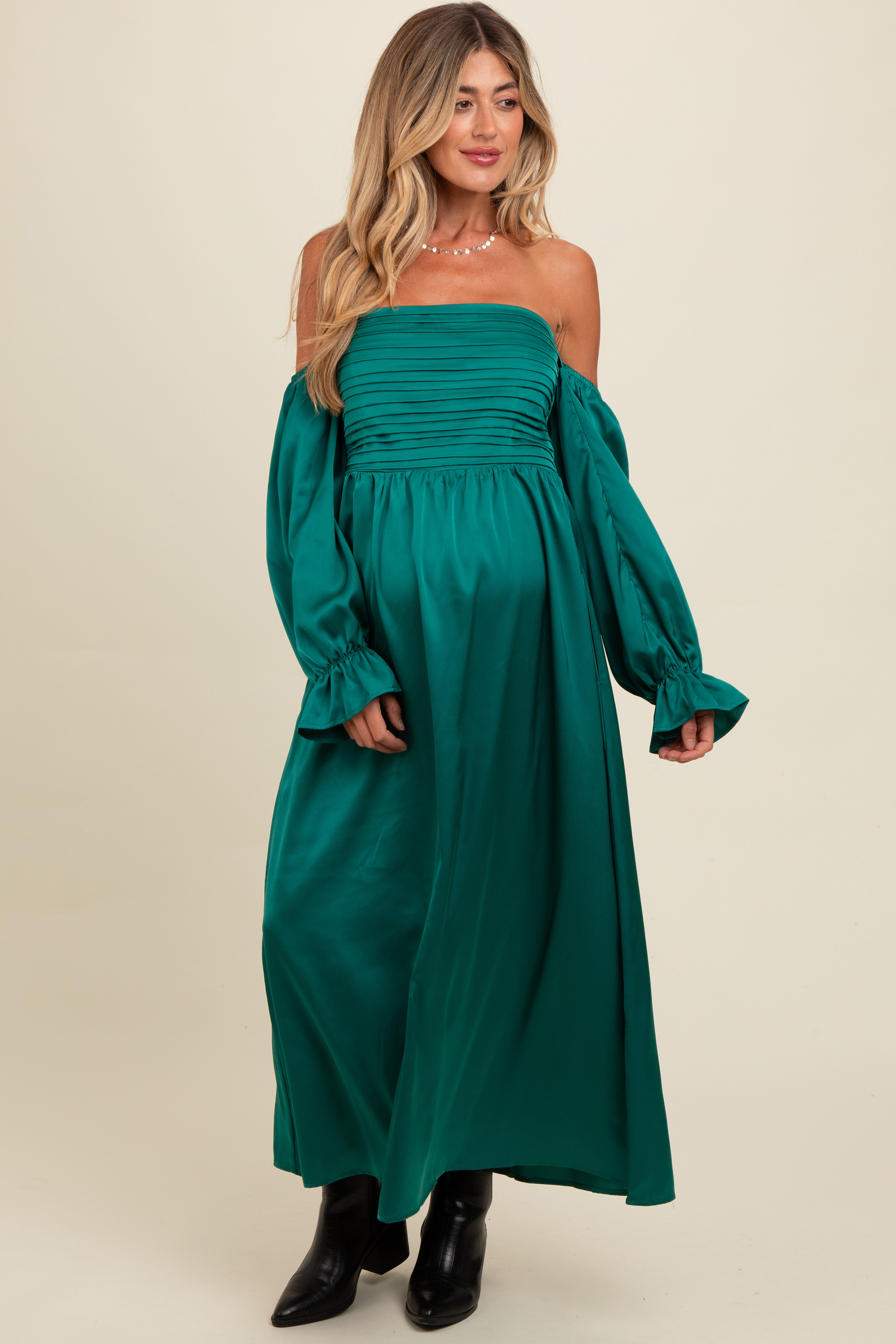 Emerald Green Off Shoulder Satin Pleated Bodice Maternity Maxi Dress PinkBlush