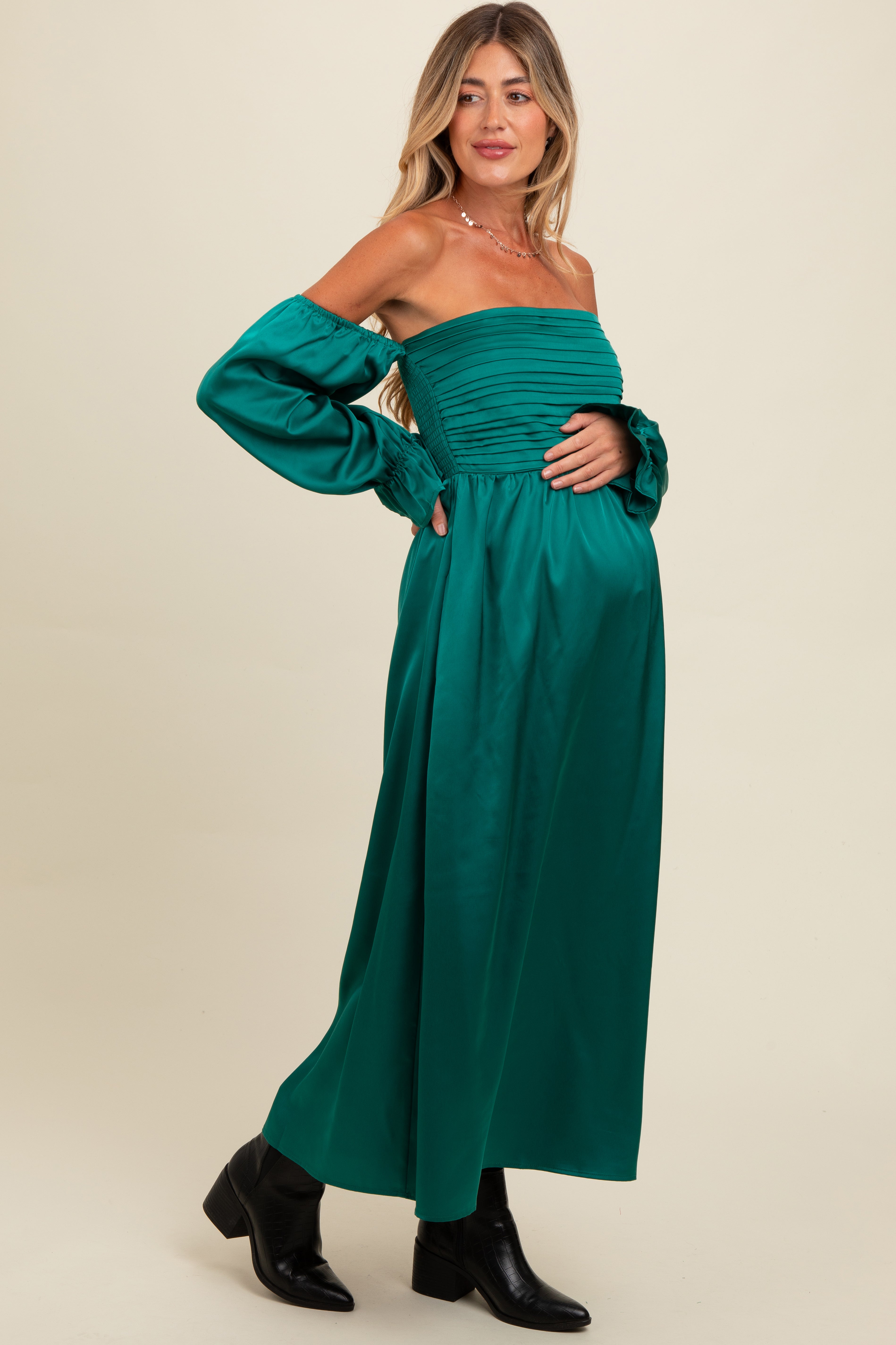 Emerald Green Off Shoulder Satin Pleated Bodice Maternity Maxi Dress PinkBlush