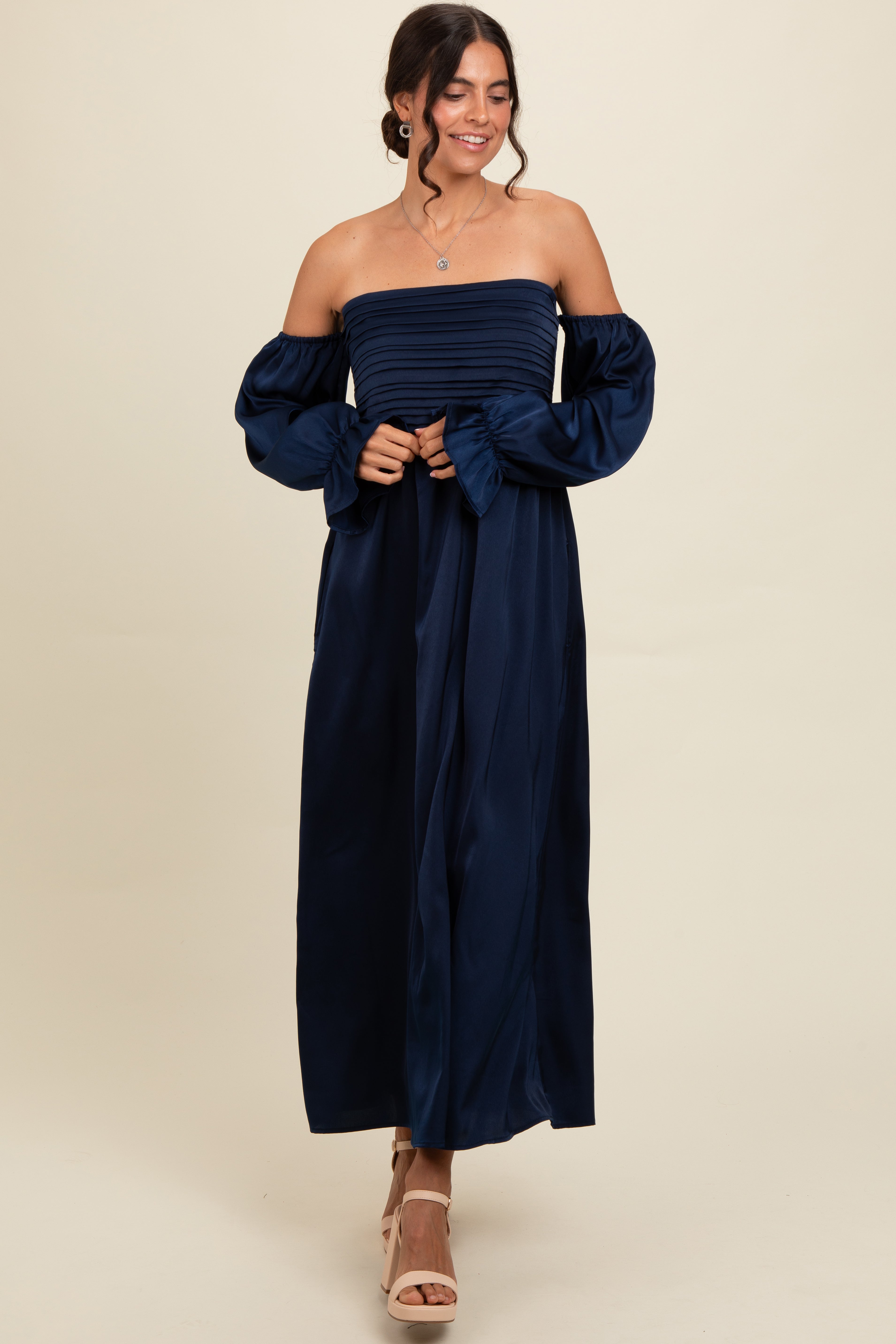 PinkBlush Navy Off Shoulder Satin Pleated Bodice Maxi Dress - Detail View