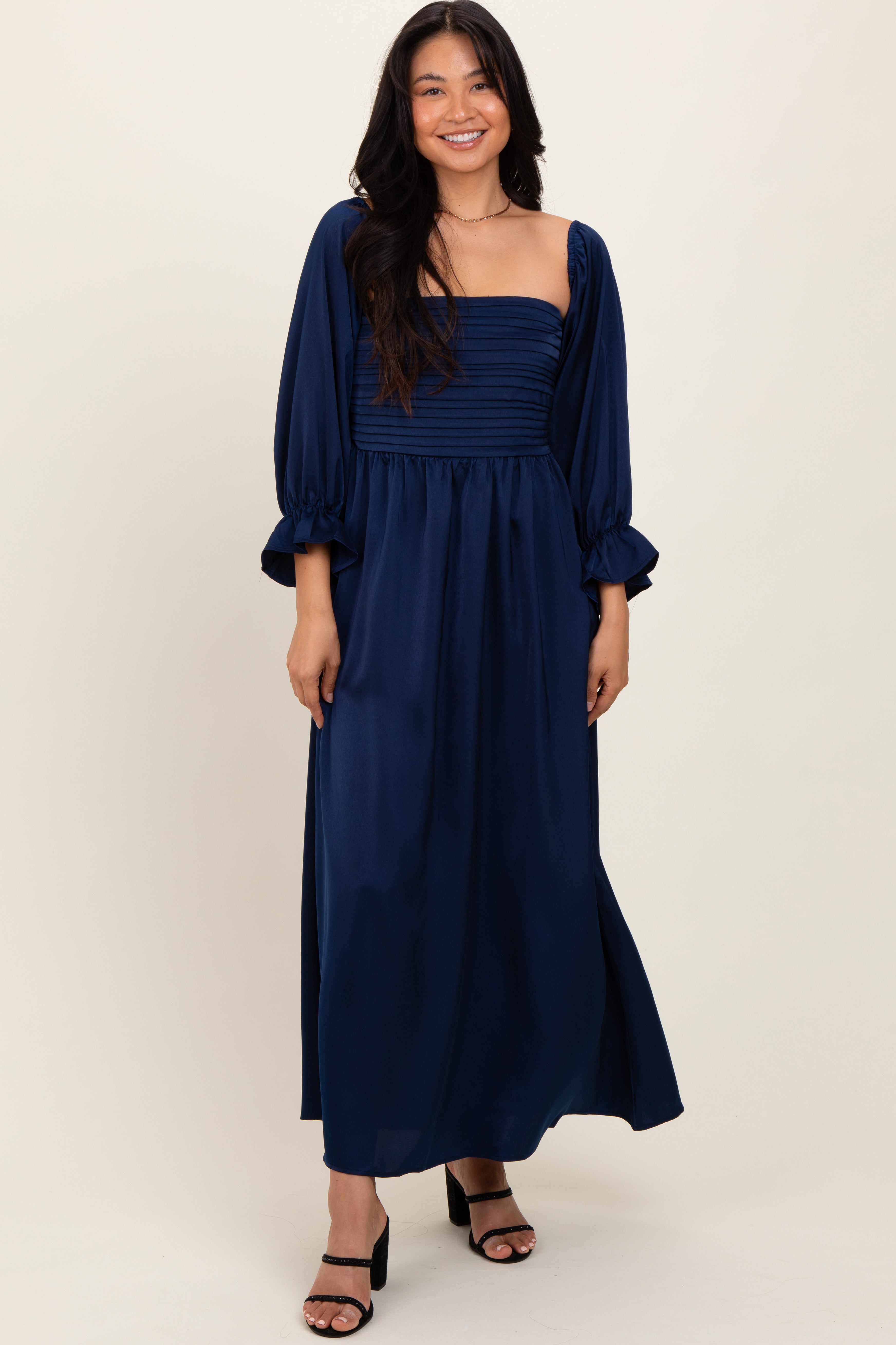 PinkBlush Navy Off Shoulder Satin Pleated Bodice Maxi Dress - Main Product Image