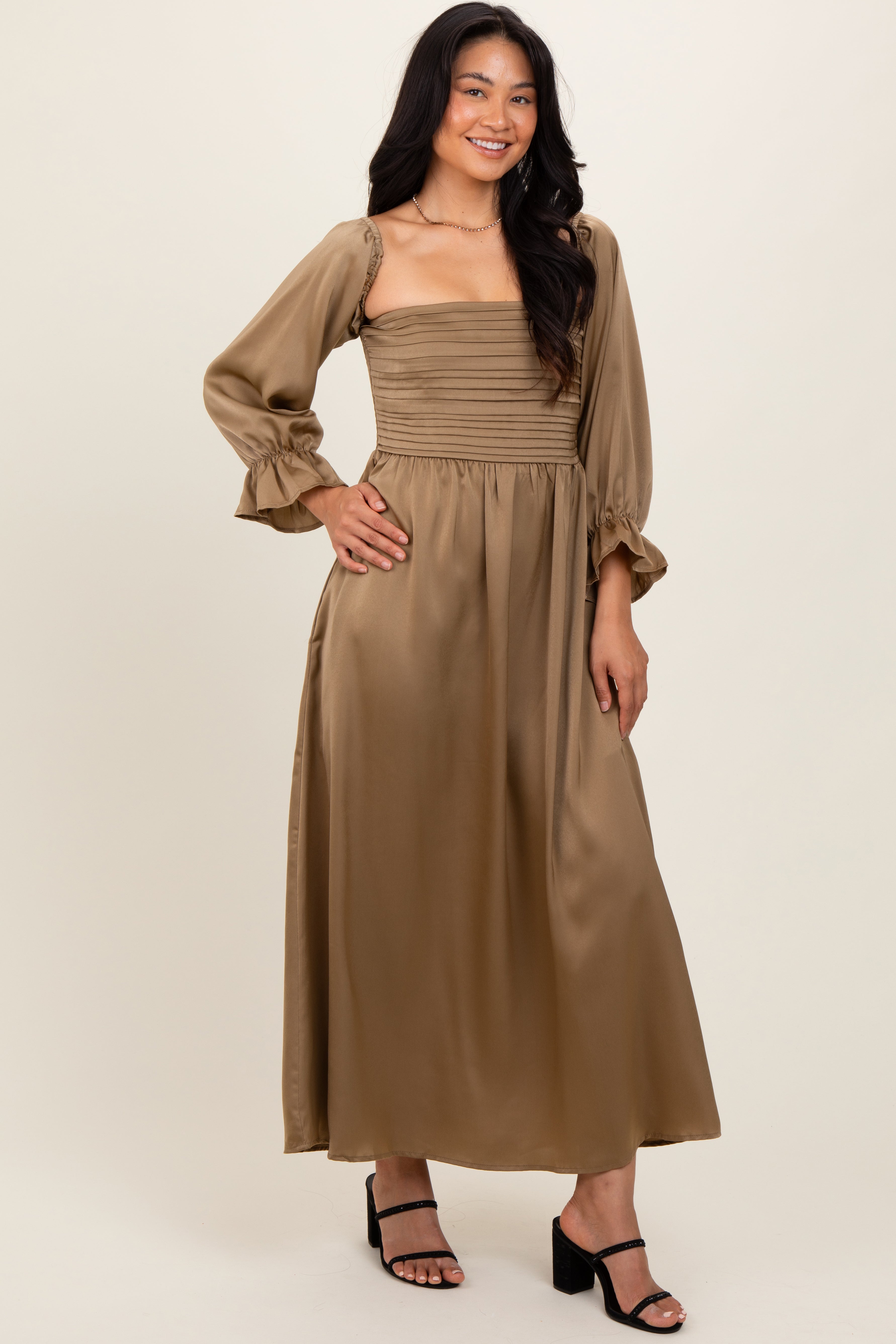 Olive Off Shoulder Satin Pleated Bodice Maternity Maxi Dress PinkBlush