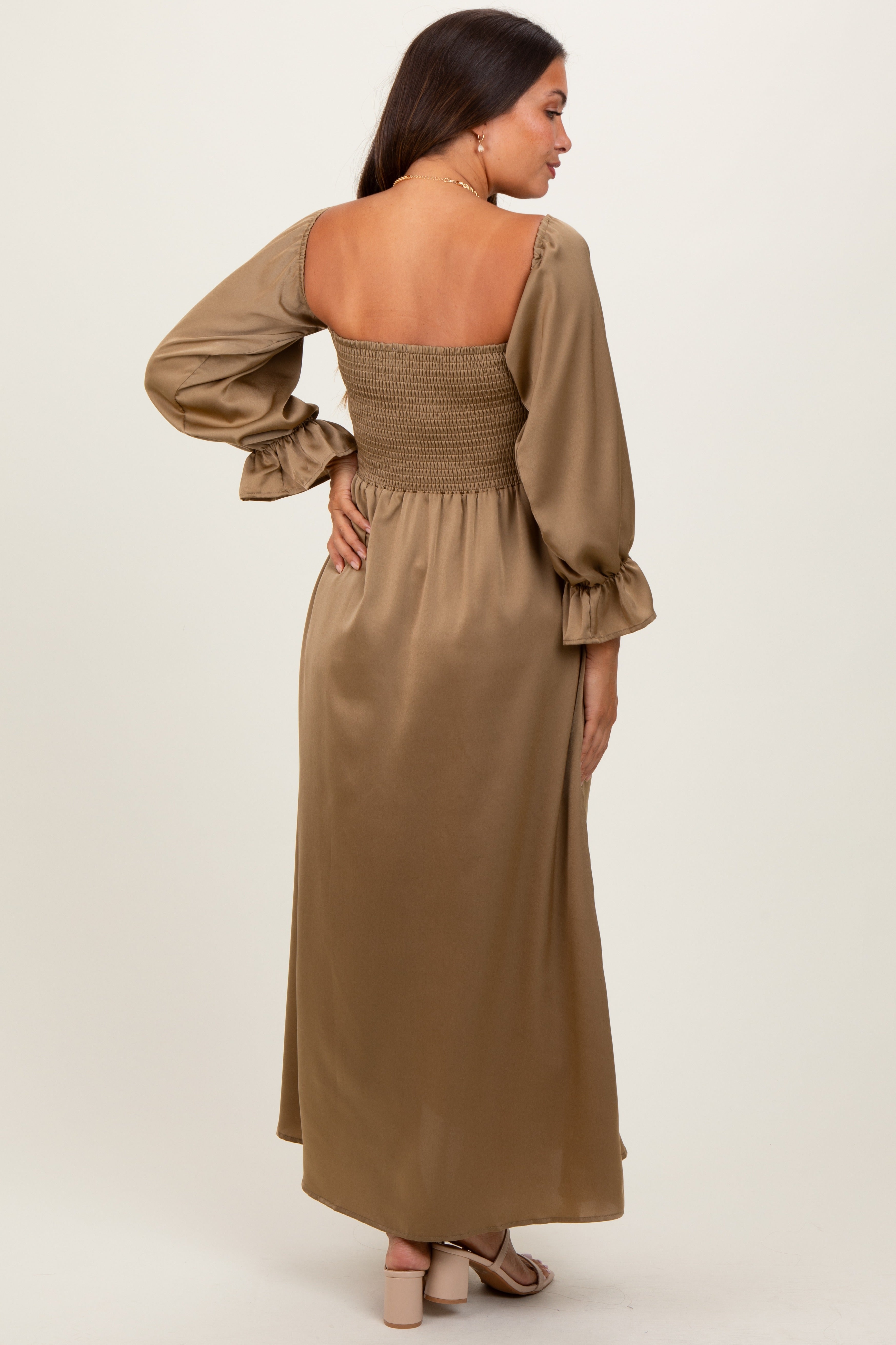 Olive Off Shoulder Satin Pleated Bodice Maternity Maxi Dress PinkBlush