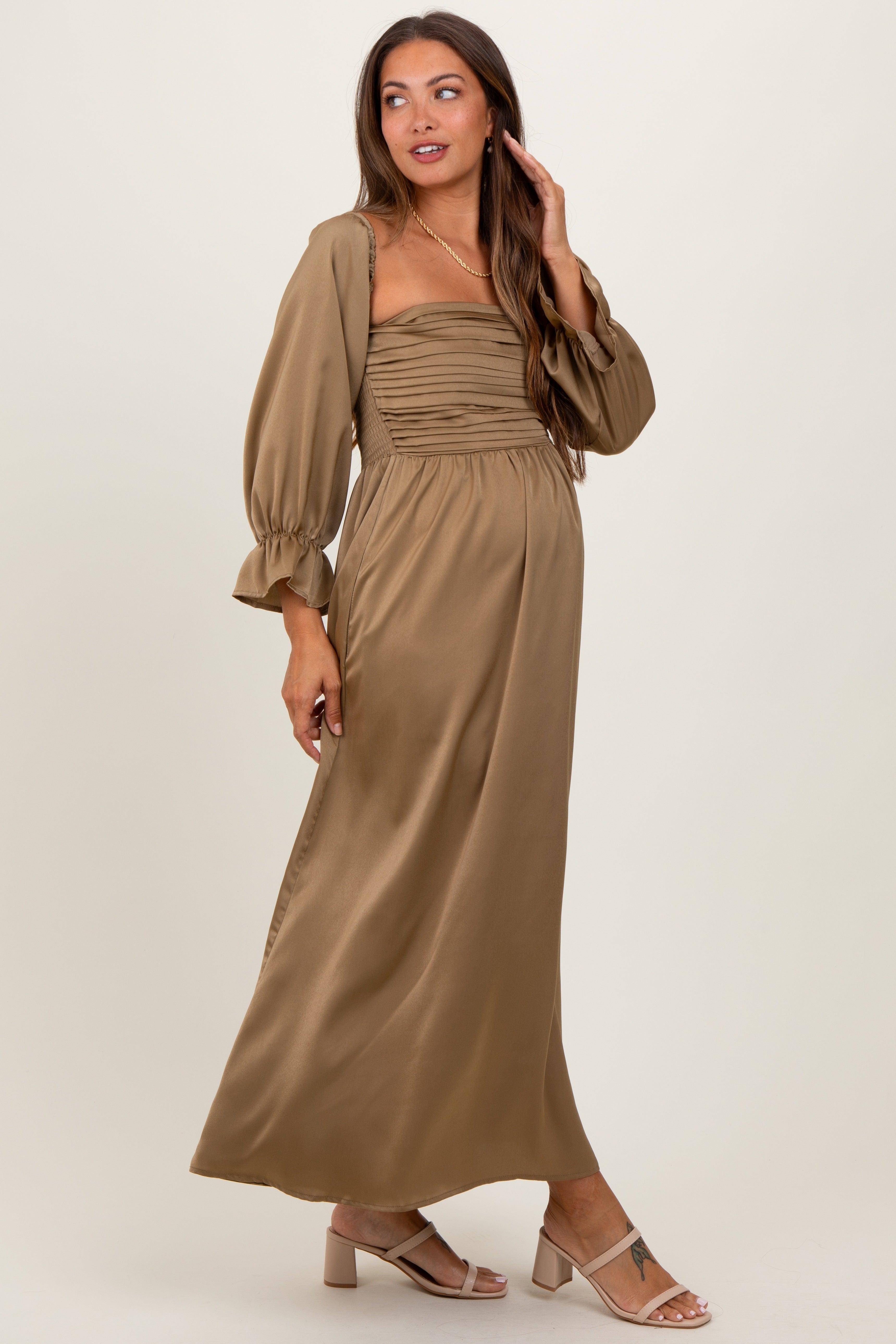 Olive Off Shoulder Satin Pleated Bodice Maternity Maxi Dress PinkBlush