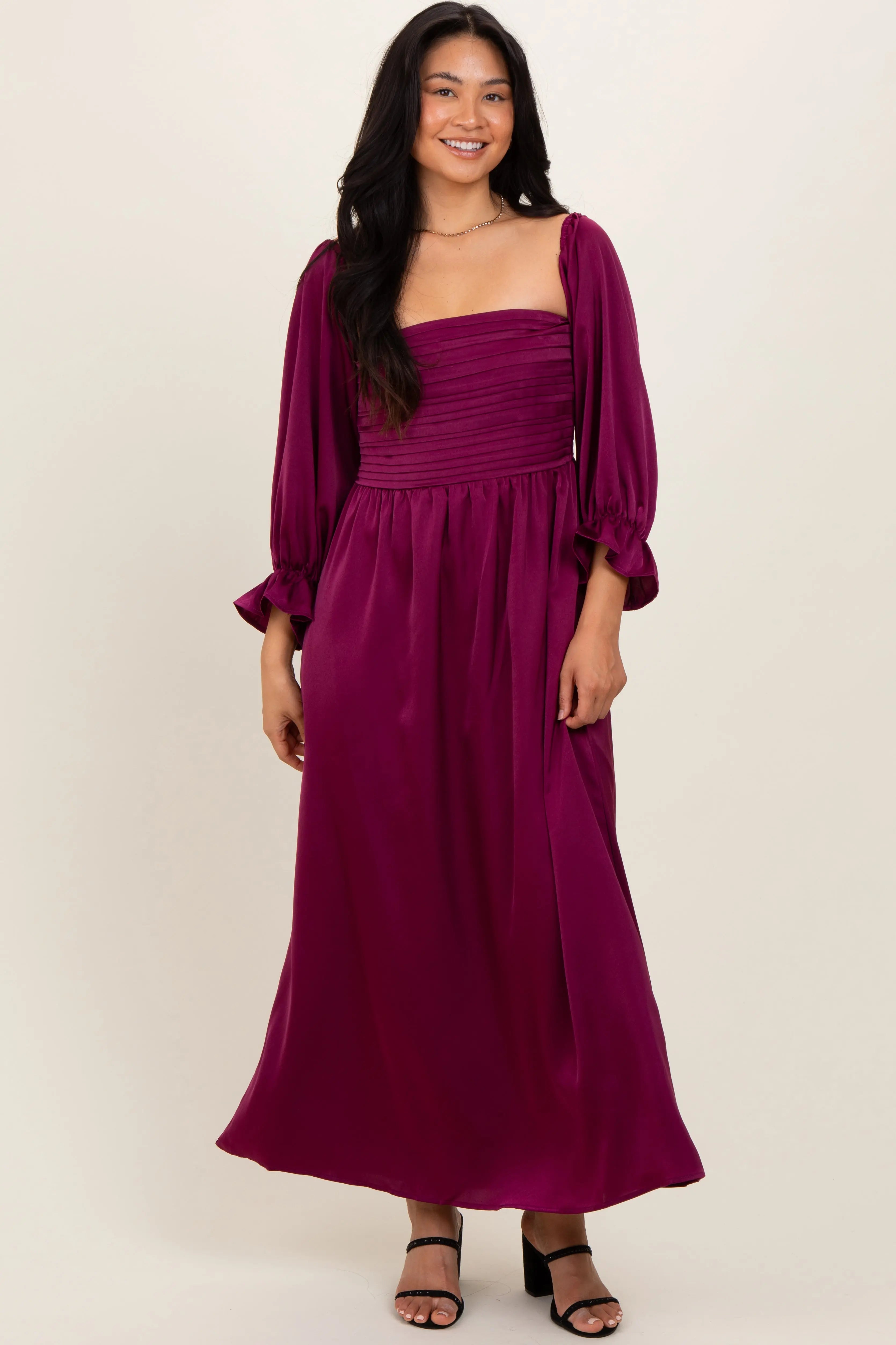 Burgundy Off Shoulder Satin Pleated Bodice Maternity Maxi Dress PinkBlush