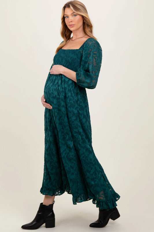 Forest Green Textured Overlay Smocked Ruffled Hem Maternity Maxi Dress PinkBlush