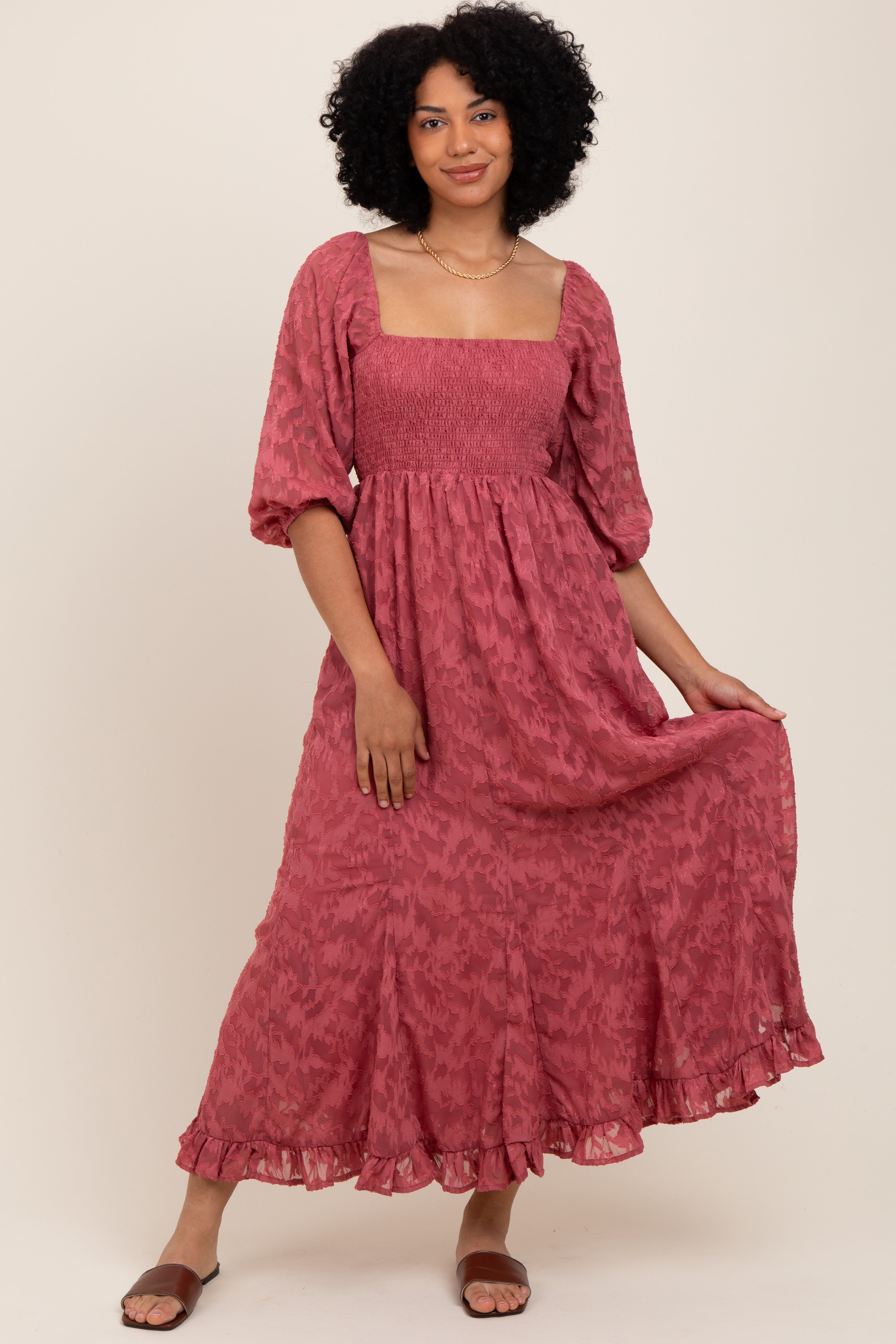 Mauve Textured Overlay Smocked Ruffled Hem Maternity Maxi Dress PinkBlush