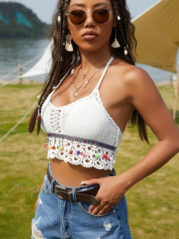 Women Summer Crop Sexy Solid Crochet Fringe Tie Halter Camis Crochet hook Bella Mia
