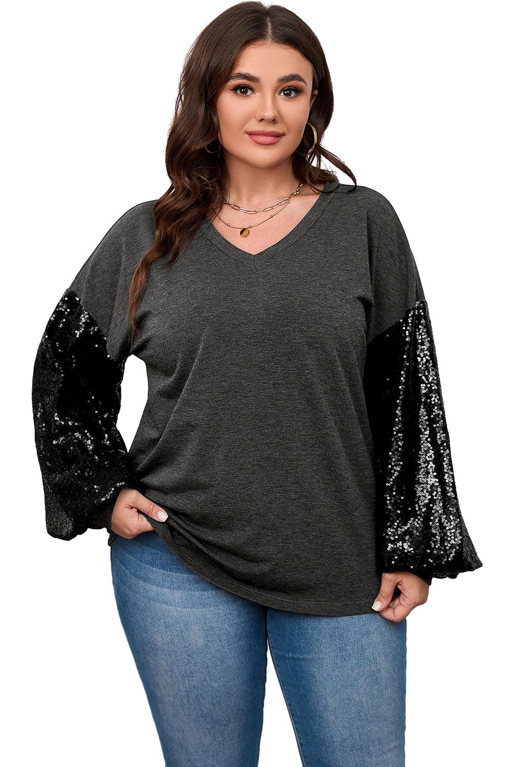 Glamorous black plus size sequin bubble sleeve v-neck knit top