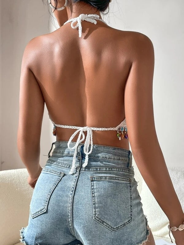 Women Summer Vacation Solid Crochet Fringe Crop Camis Crochet hook Bella Mia