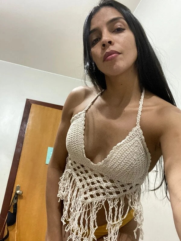 Women Summer Vacation Solid Crochet Fringe Sexy Halter Top Crochet hook Bella Mia