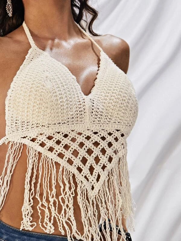 Women Summer Vacation Solid Crochet Fringe Sexy Halter Top Crochet hook Bella Mia