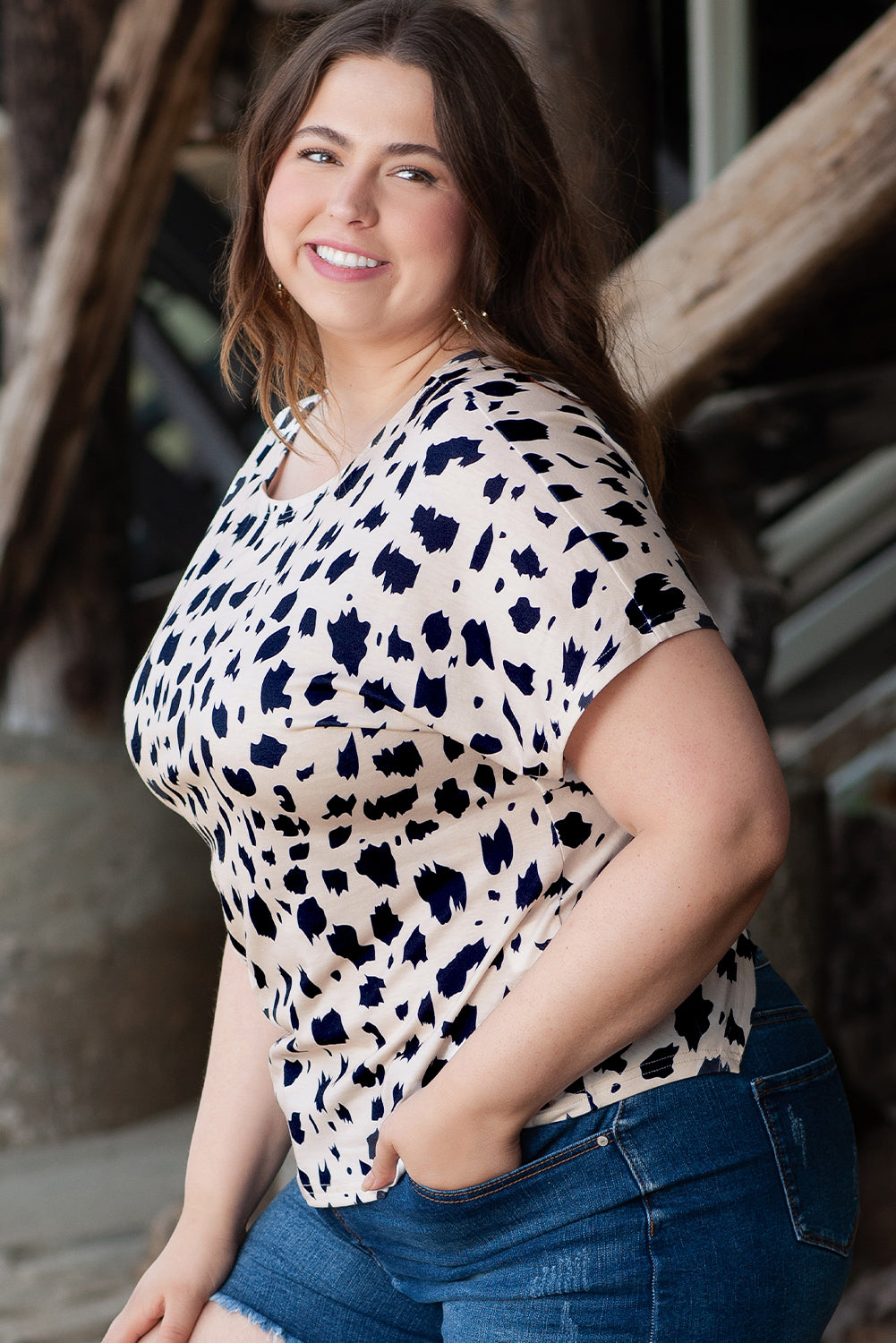 Khaki twist-back leopard print plus size top