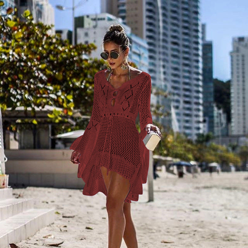 Women Clothing Irregular Asymmetric Deep V Plunge Sexy Bell Sleeve Hollow Out Cutout Woven Beach Overclothes Dress Bella Mia