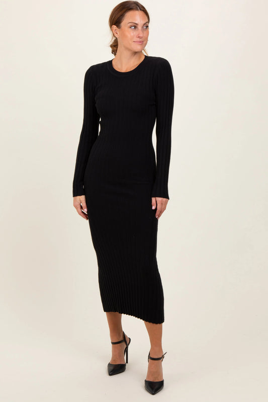 Black Ribbed Knit Fitted Midi Sweater Dress PinkBlush
