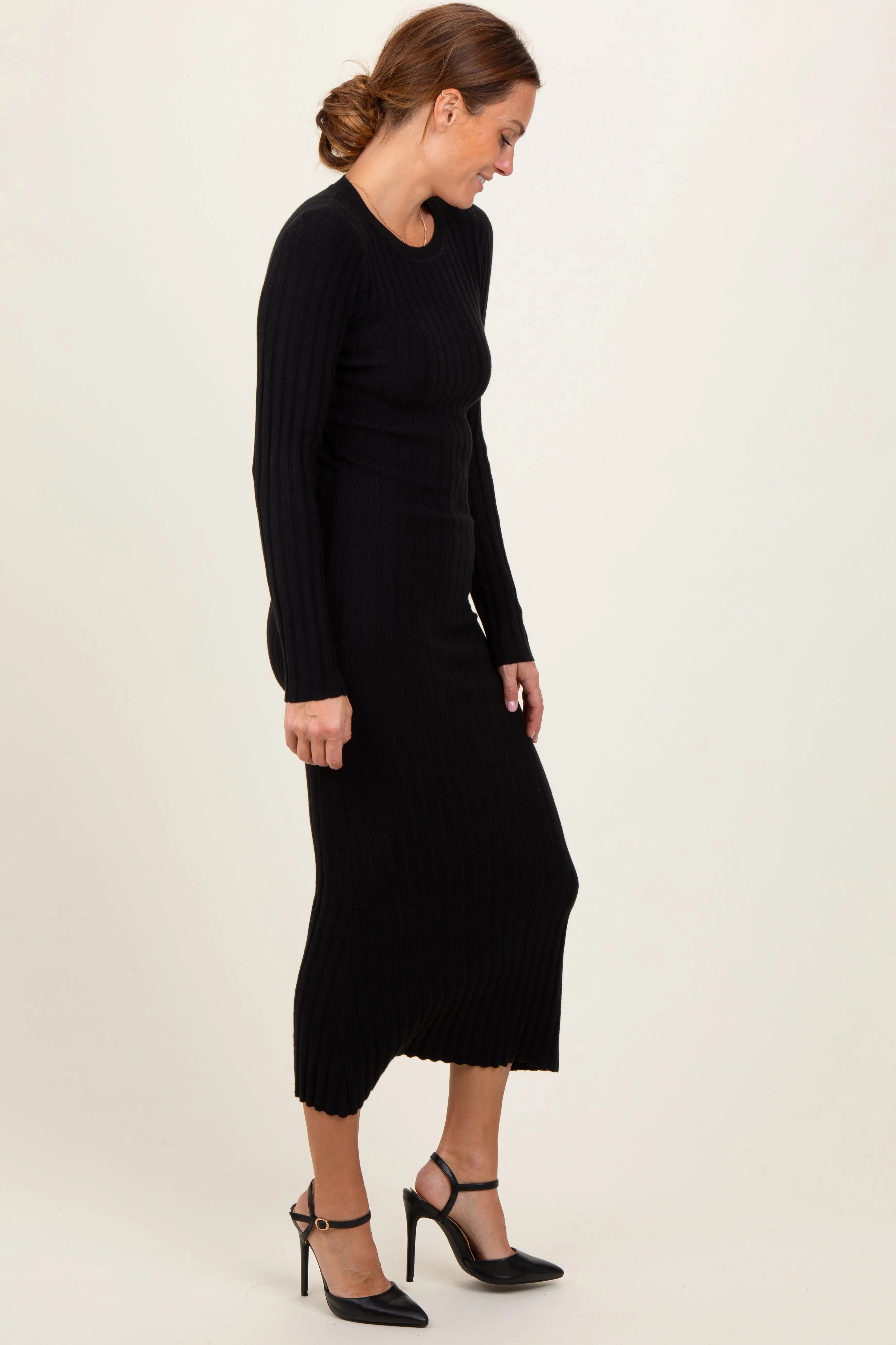 Black Ribbed Knit Fitted Midi Sweater Dress PinkBlush