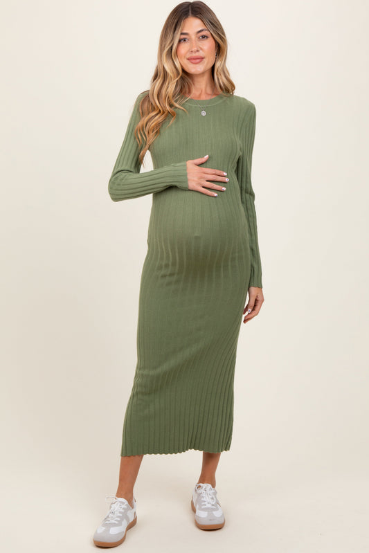 Olive Ribbed Knit Fitted Maternity Midi Sweater Dress PinkBlush