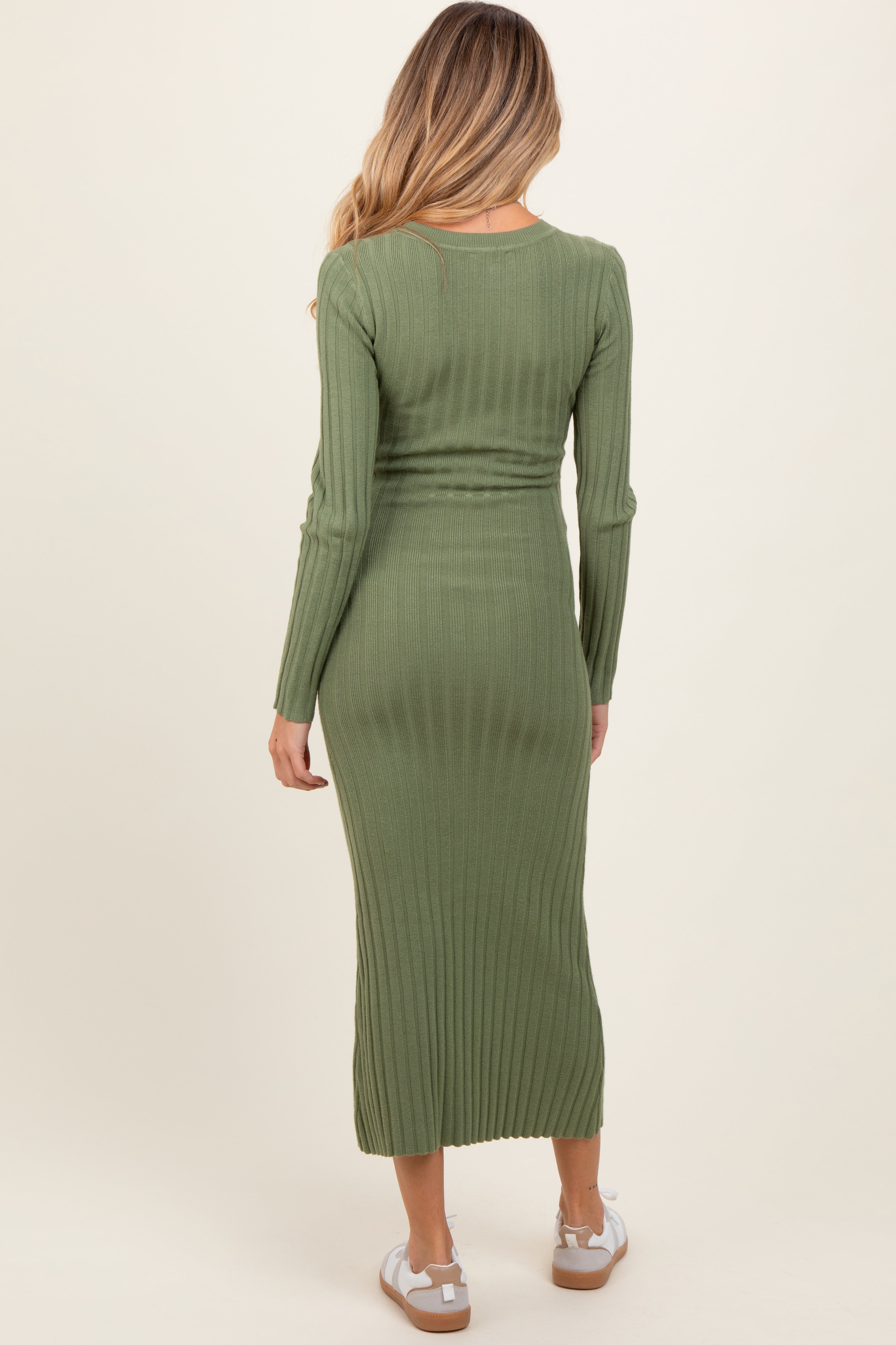 Olive Ribbed Knit Fitted Maternity Midi Sweater Dress PinkBlush