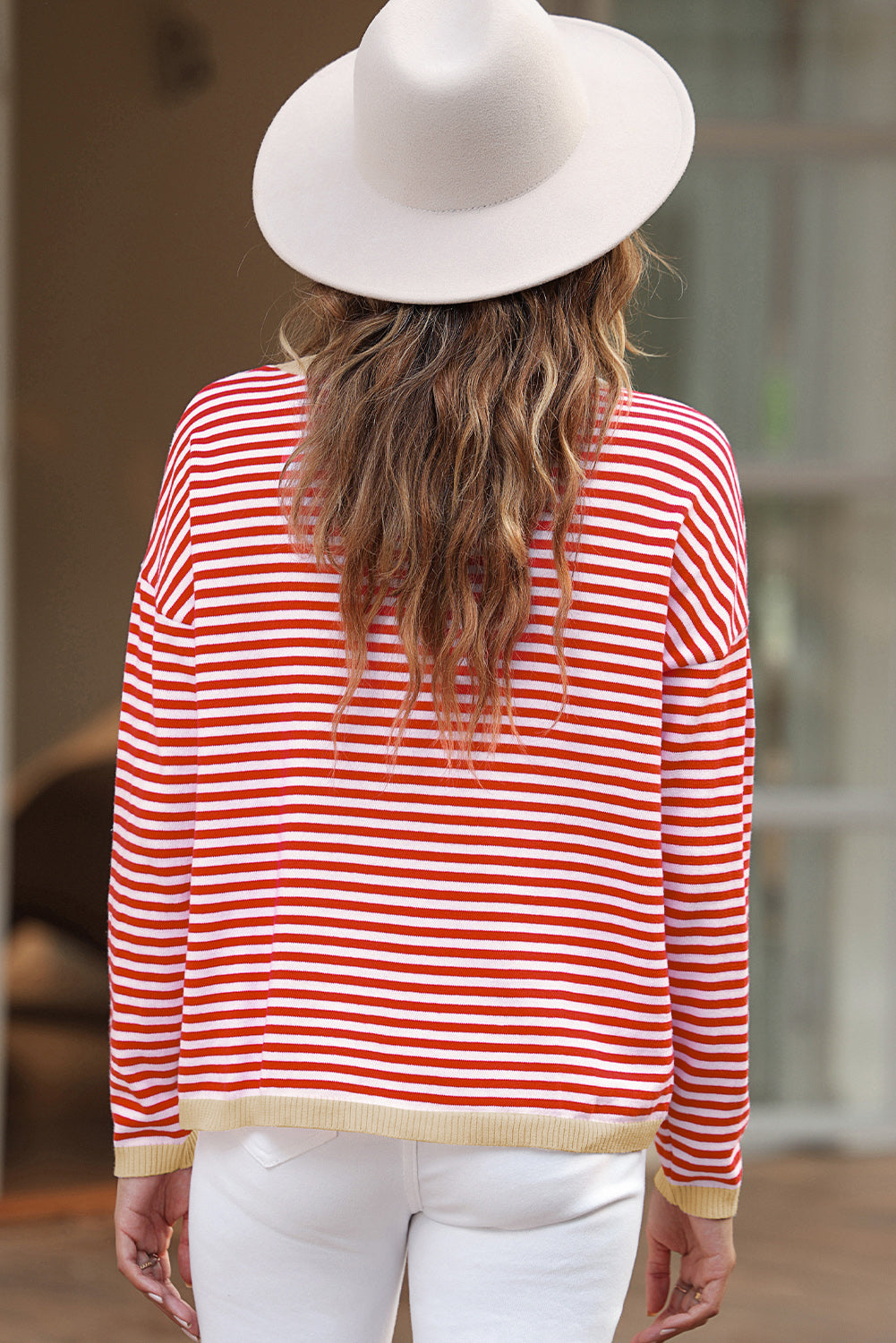 Fiery Red Contrast Trimmed Striped Drop Shoulder Sweater