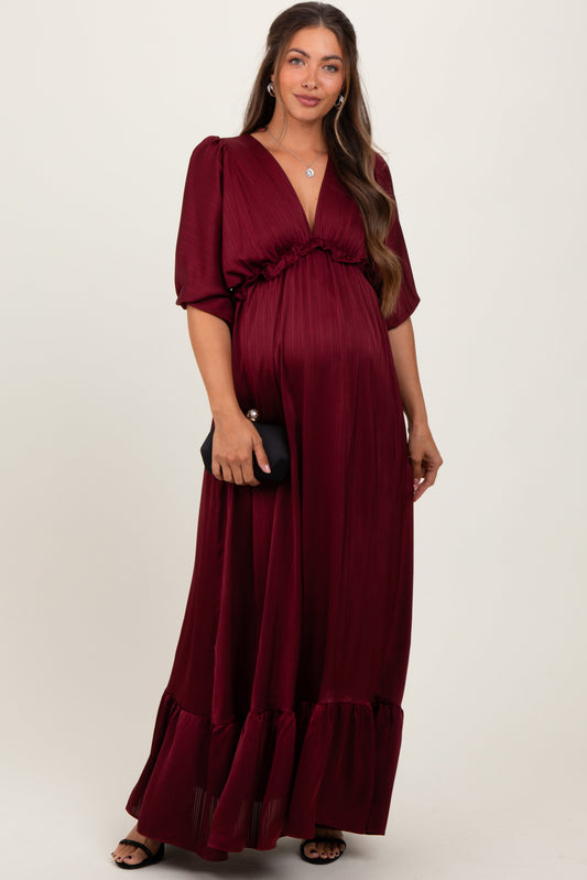 Burgundy Striped Ruffle Accent Maternity Maxi Dress PinkBlush