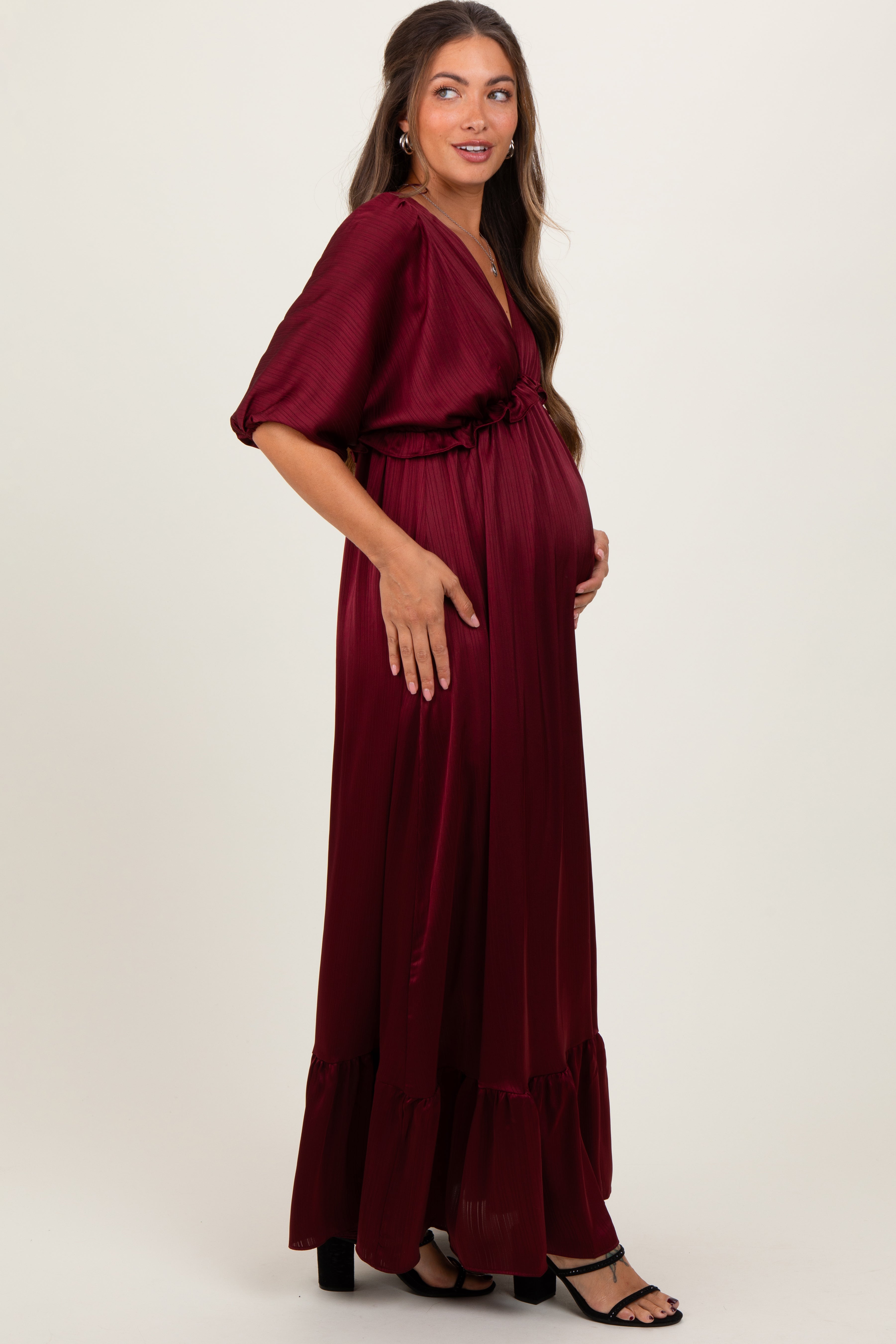 Burgundy Striped Ruffle Accent Maternity Maxi Dress PinkBlush