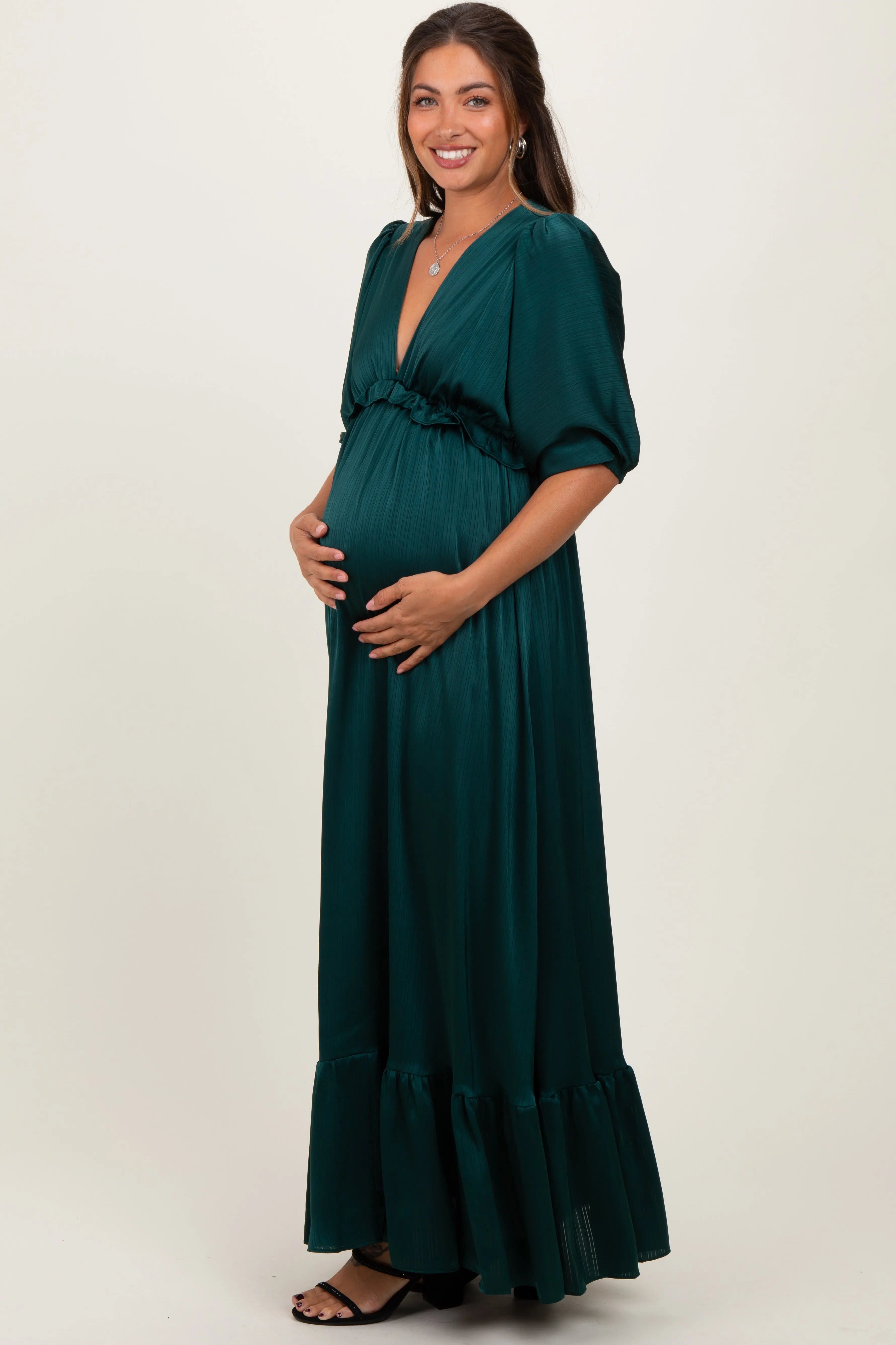 Forest Green Striped Ruffle Accent Maternity Maxi Dress PinkBlush