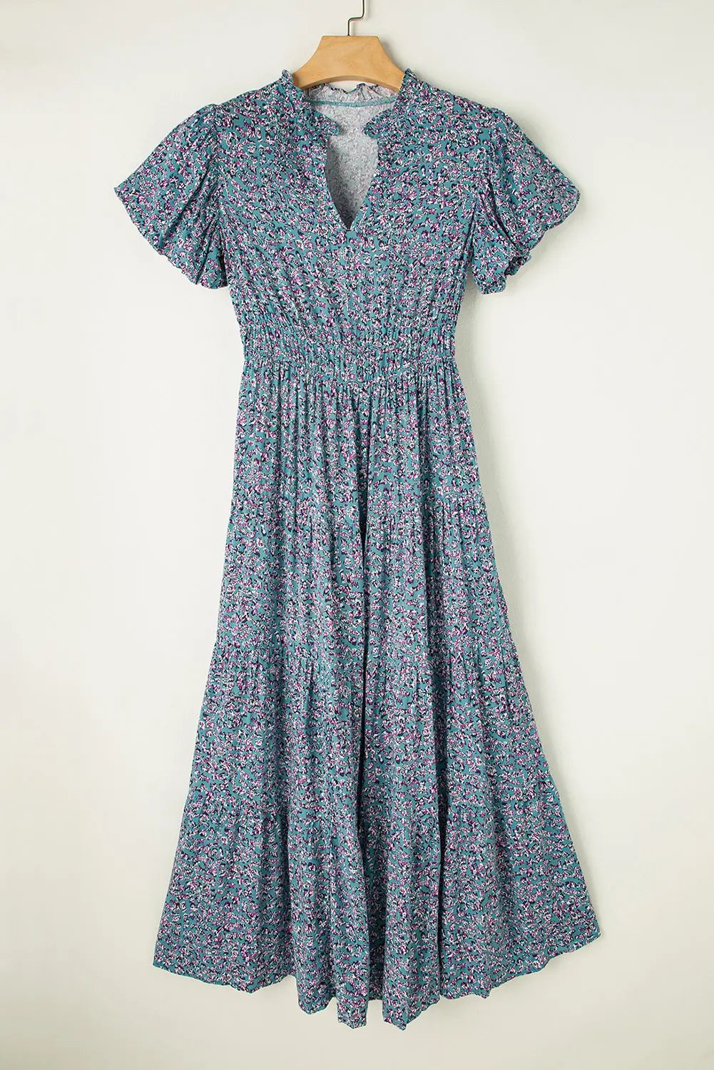 Helena Shirred Short Puff Sleeve Maxi Dress in Stylish Print - Love Salve 