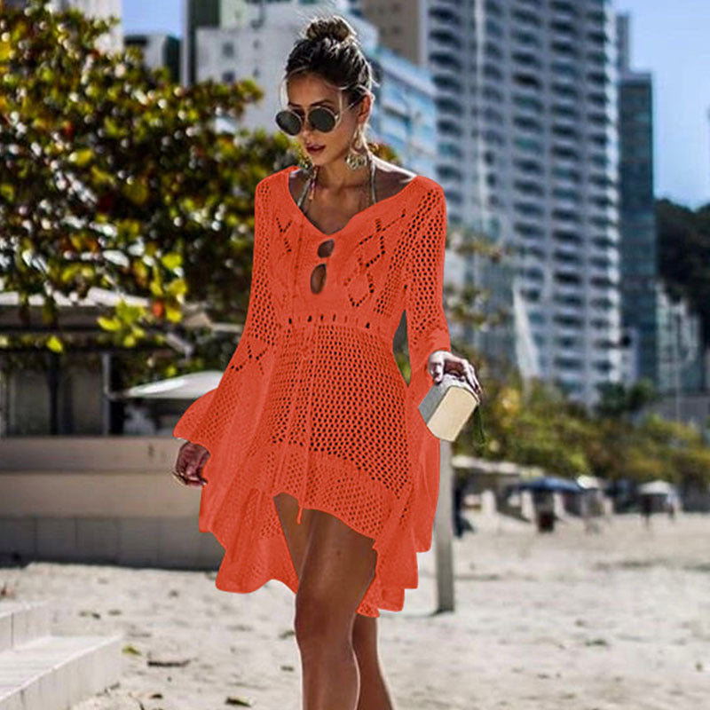 Women Clothing Irregular Asymmetric Deep V Plunge Sexy Bell Sleeve Hollow Out Cutout Woven Beach Overclothes Dress Bella Mia