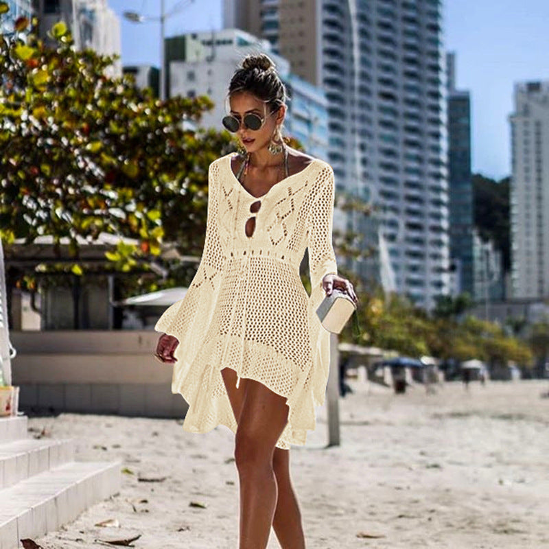 Women Clothing Irregular Asymmetric Deep V Plunge Sexy Bell Sleeve Hollow Out Cutout Woven Beach Overclothes Dress Bella Mia
