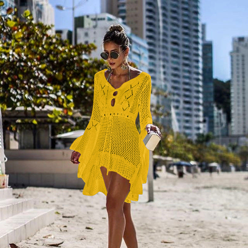 Women Clothing Irregular Asymmetric Deep V Plunge Sexy Bell Sleeve Hollow Out Cutout Woven Beach Overclothes Dress Bella Mia