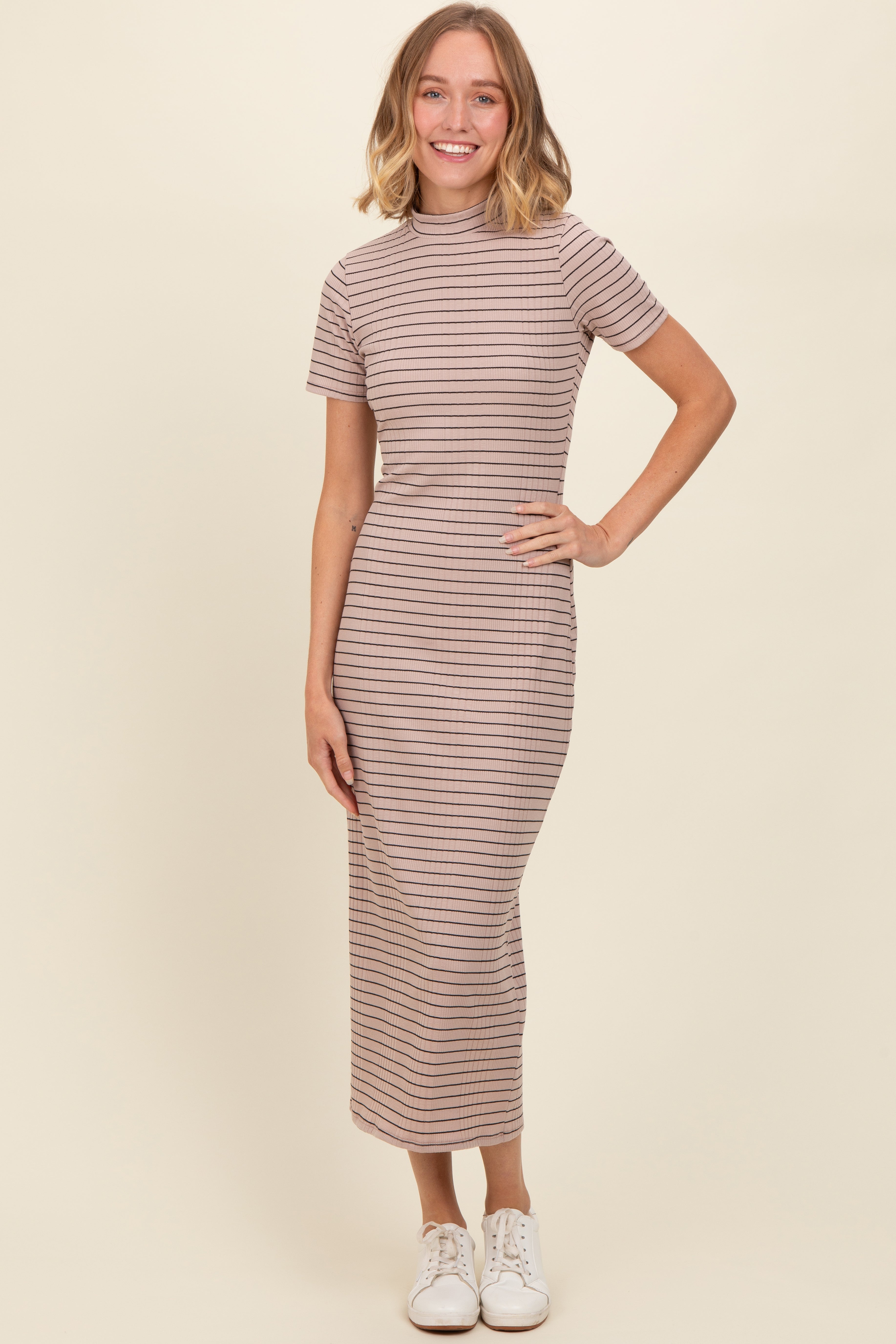 Beige Striped Mock Neck Fitted Maternity Midi Dress PinkBlush